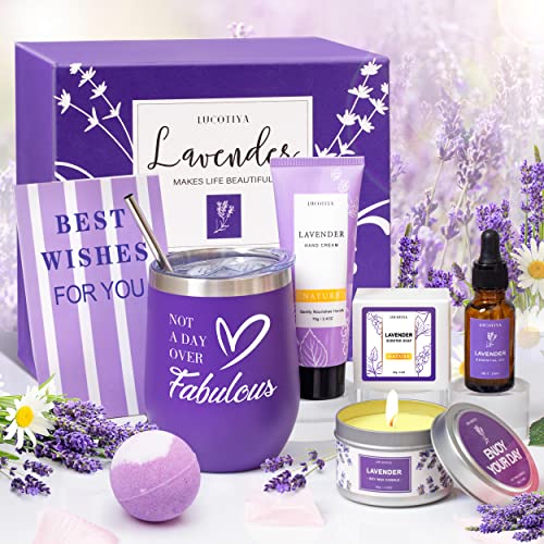 Lavender Spa Gift Set for Women - Relaxing Bath & Body Works Birthday Gifts for Mom, Grandma, Teacher & Best Friends - Self Care Basket with Purple Inspirational Items for Stress Relief & Home Relaxation