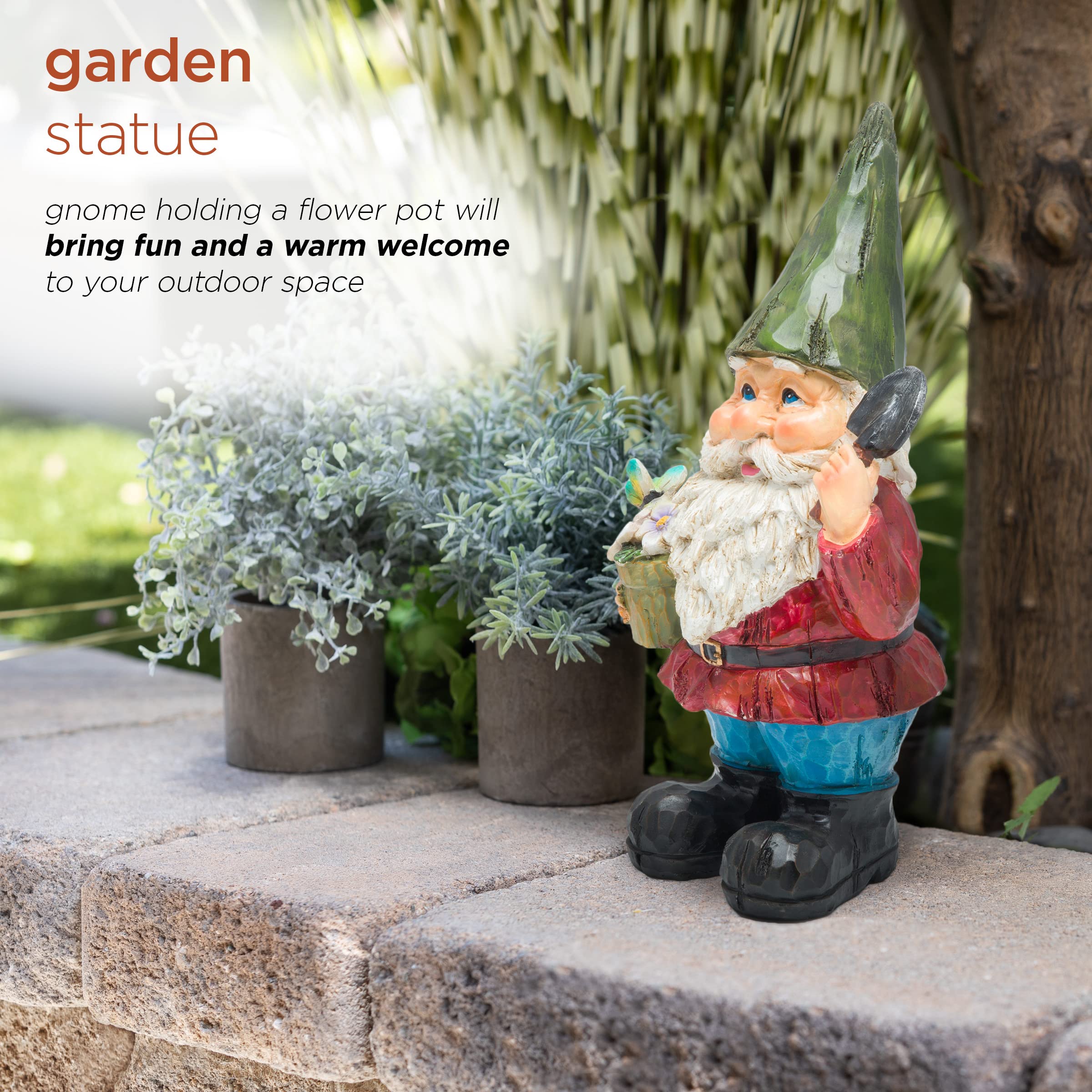 Alpine Corporation 12 Inch Tall Outdoor Garden Gnome Statue with Flower Pot - Cute Yard Decoration for Lawn, Patio & Garden Decor
