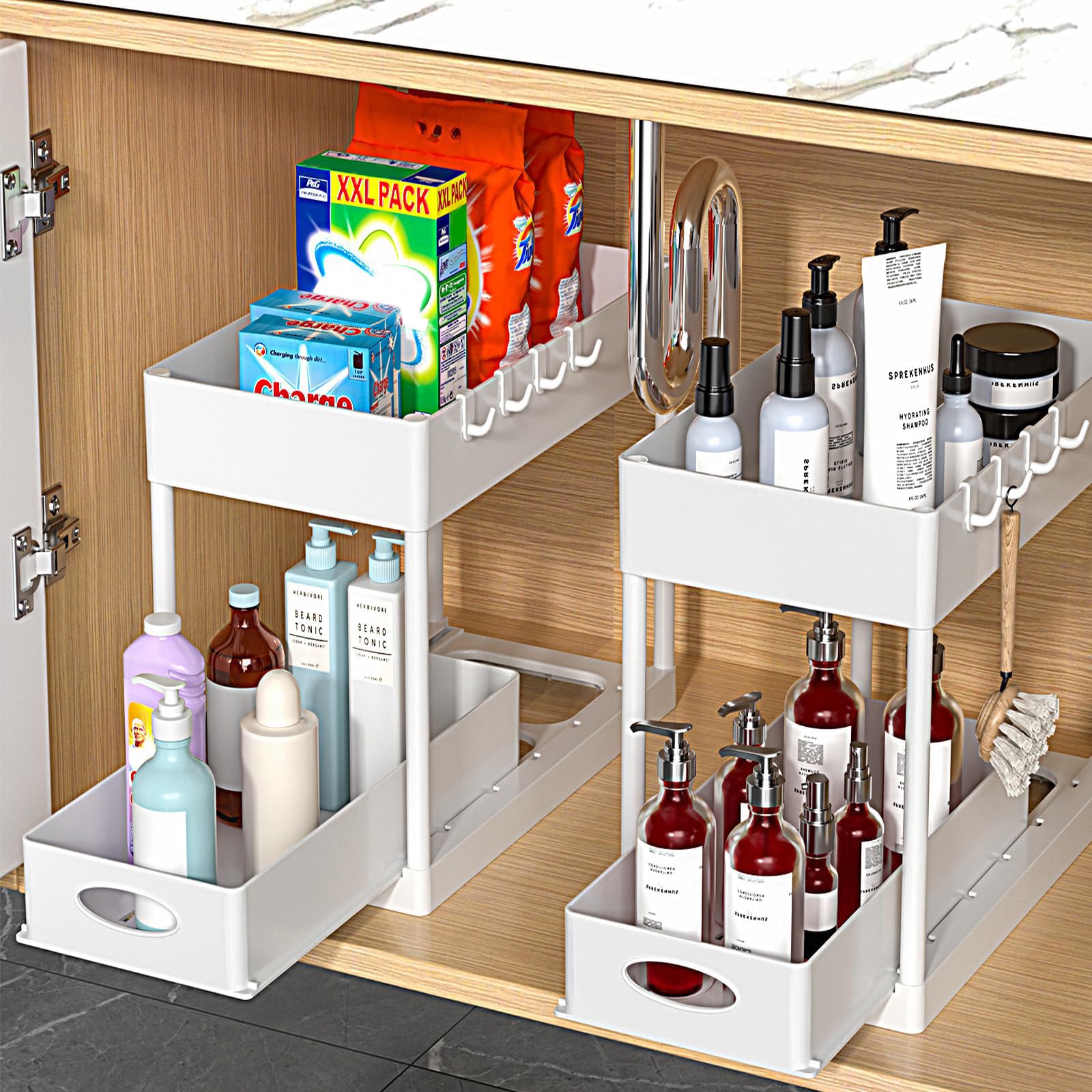 PUILUO 2-Tier Under Sink Organizer - White Sliding Cabinet Basket for Bathroom & Kitchen Storage - Perfect for Organizing Cleaning Supplies, Sponges & Toiletries Under Sink or in Cabinets