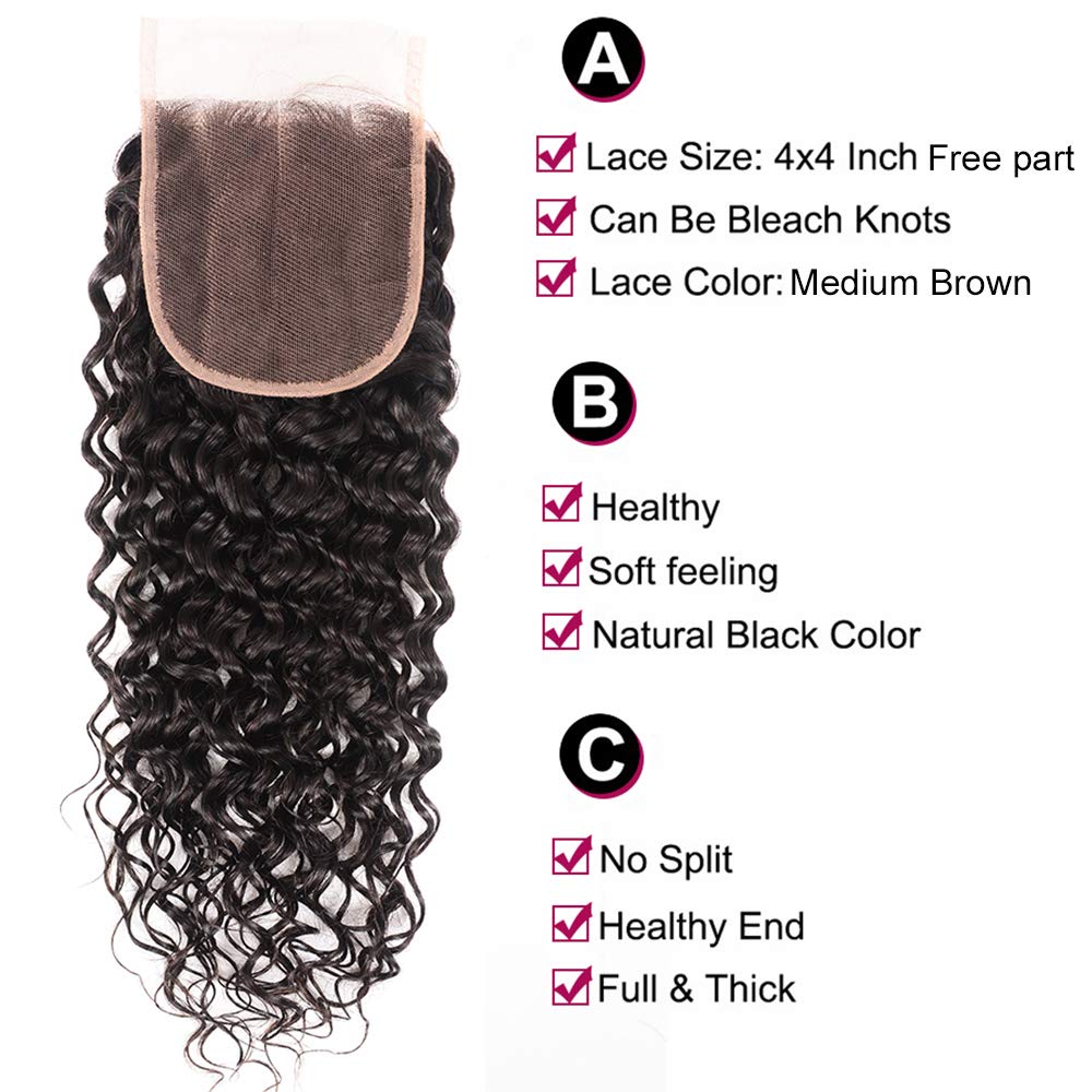 Brazilian Virgin Human Hair Bundles with Closure - 24 26 28+20 Inch Water Wave Wet & Wavy Ocean Curly Hair Extensions (Natural Color) for Styling, Volume & Length | Perfect for Daily Wear, Parties & Special Occasions