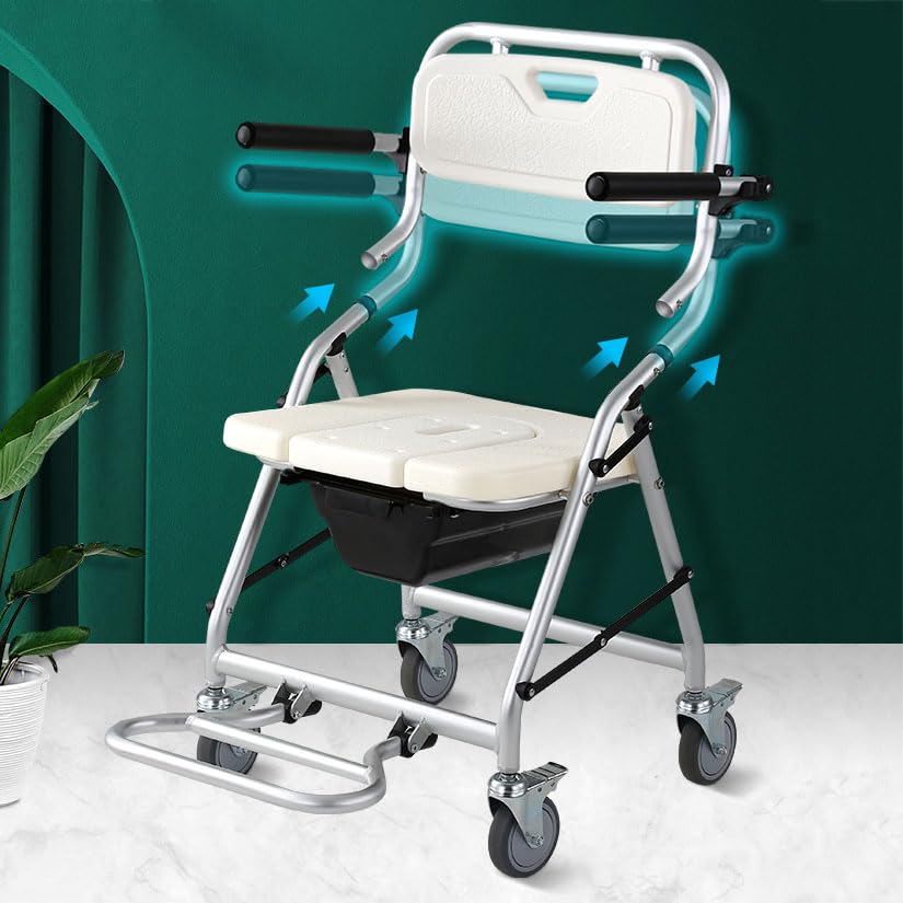 Joyfitness Foldable Rolling Shower and Toilet Chair for Seniors - Elderly Mobility Aid with Wheels for Bathroom Safety and Comfort - Ideal for Home Care and Assisted Living Facilities