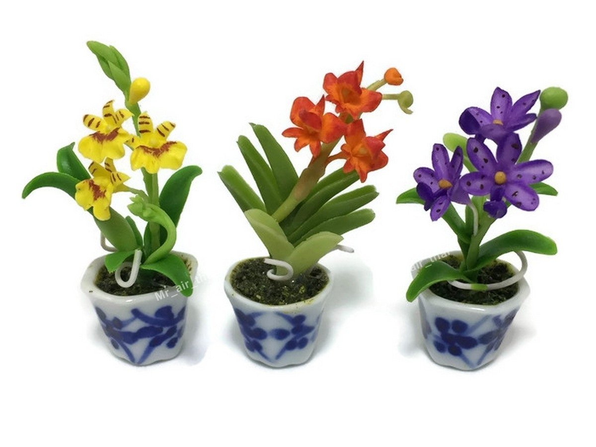 3-Piece Miniature Flower Clay Dollhouse Set - Tiny Ceramic Painted Fairy Garden Accessories with Artificial Orchid Plants #055 - Perfect for DIY Fairy Gardens, Dollhouse Decor, and Miniature Landscapes