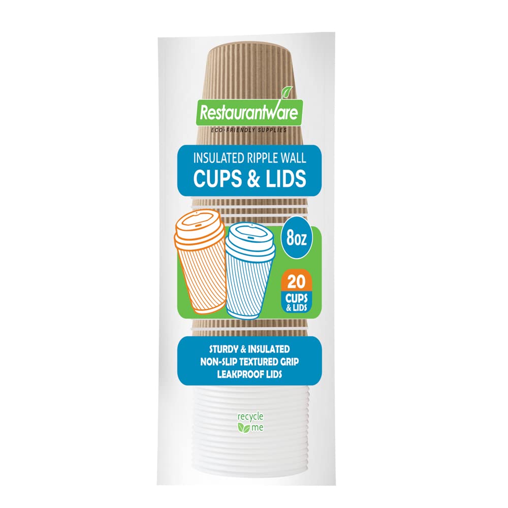 Restaurantware 8 oz Insulated Coffee Cups with Lids - 20 Pack Leakproof Ripple Wall Hot Cups | Eco-Friendly Kraft Paper Disposable Cups for Coffee, Tea, Hot Cocoa & Lattes - Perfect for Cafes, Offices & Home Use