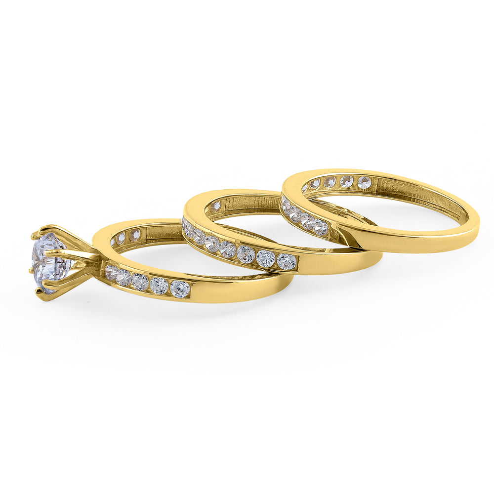 14K Solid Yellow Gold Round Cut Triple CZ Engagement Ring Set - Perfect for Proposals, Anniversaries & Bridal Jewelry Gifts