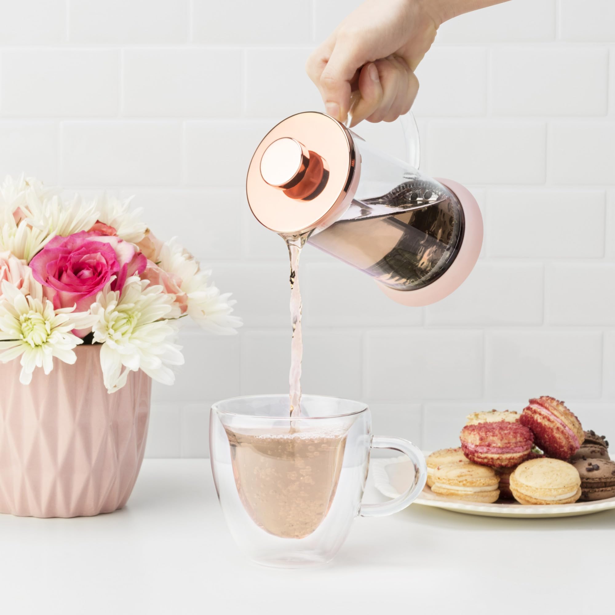 Pinky Up Riley Mini Glass Tea Press Pot - 12 oz French Press Coffee Maker for Loose Leaf Tea & Coffee - Hot & Iced Beverage Brewer in Pink - Perfect for Home, Office & Travel Use