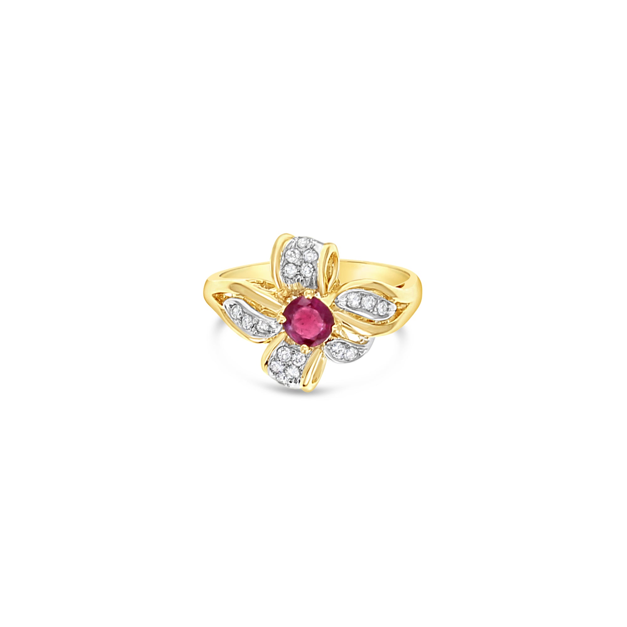 14K Yellow Gold Flower Ruby Diamond Cocktail Ring - 0.70cttw Vintage Jewelry for Women, Perfect for Parties, Weddings & Special Occasions
