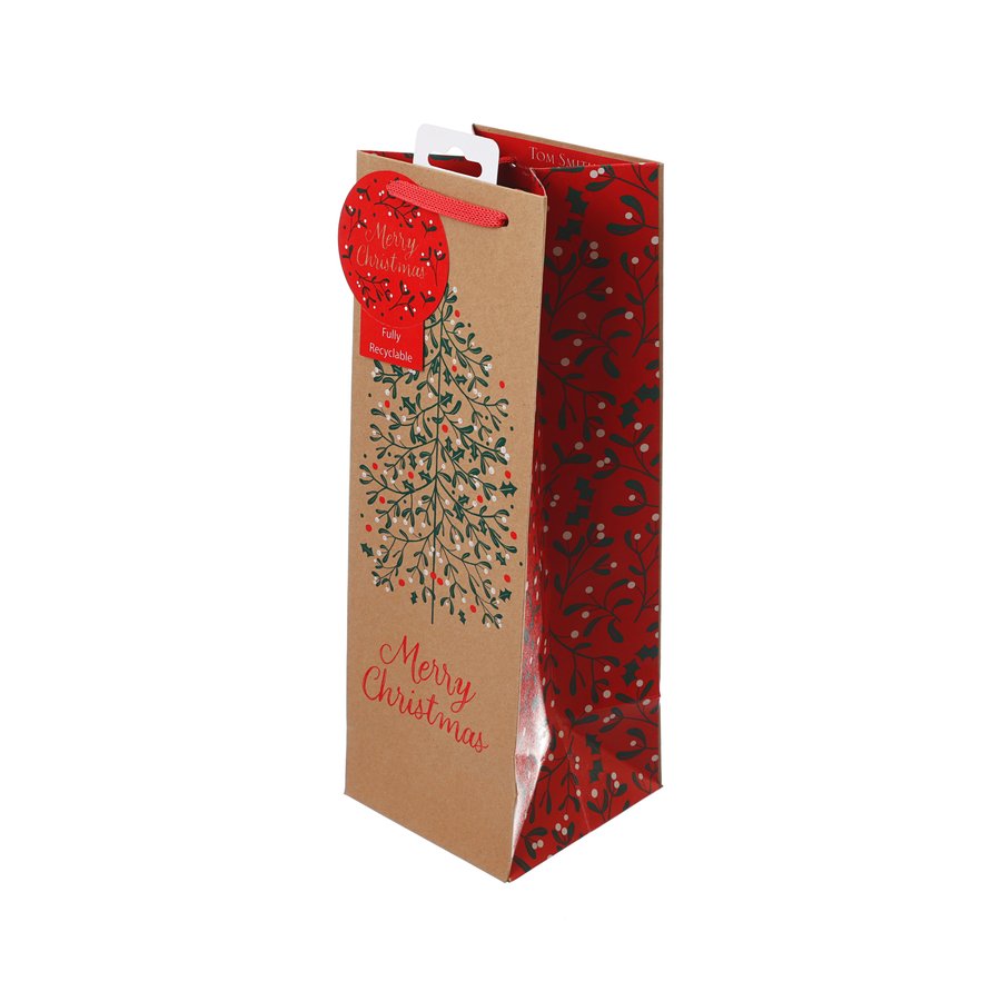 TOMSMITH Christmas Paper Bottle Bag - Merry Berry Holiday Gift Packaging for Wine & Liquor - Perfect for Christmas Parties, Gift Exchanges & Festive Decorations
