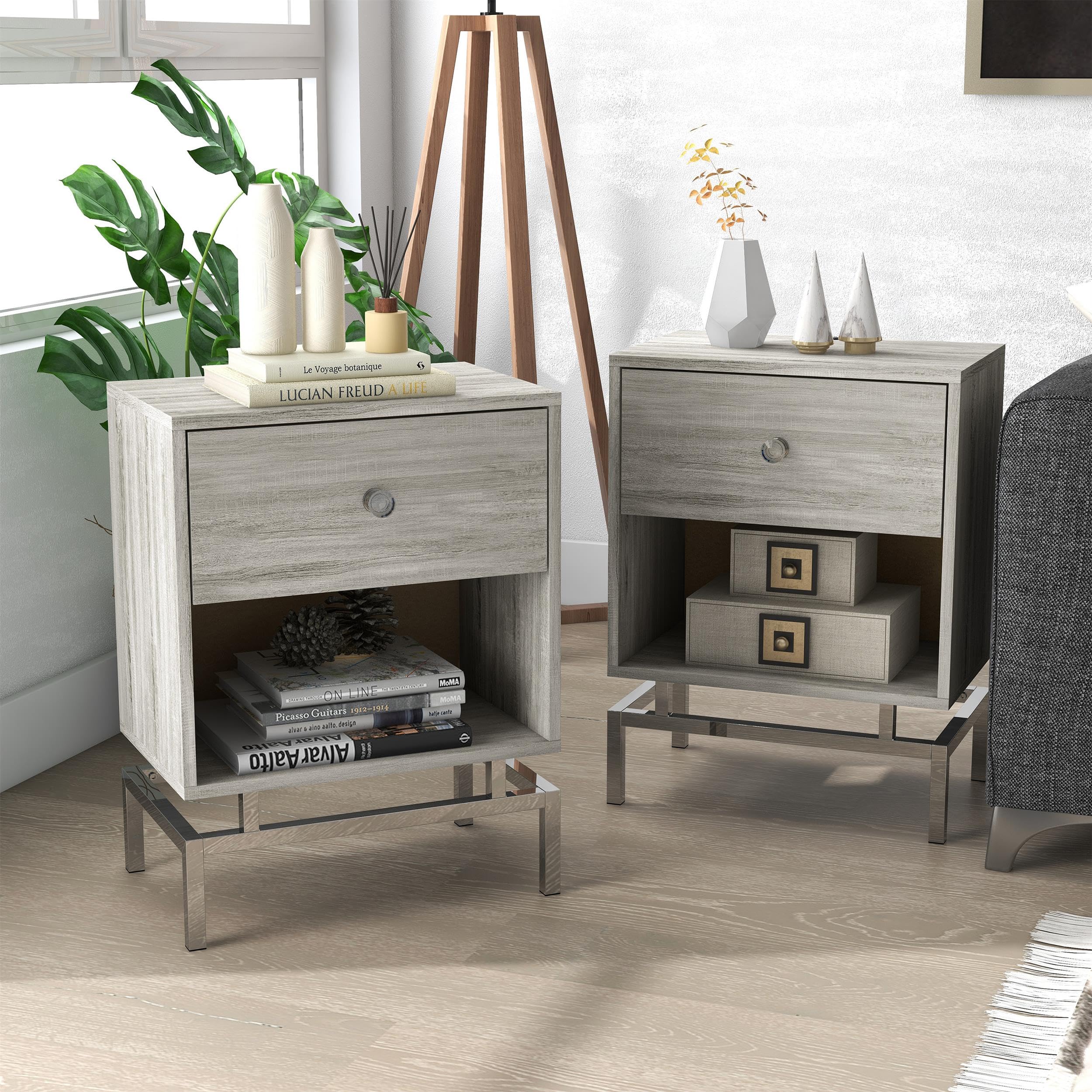 Light Gray Lyn Wood End Table with USB Port - Set of 2 | Modern Side Table for Living Room, Bedroom & Office | Fast Charging Nightstand with Storage Shelf