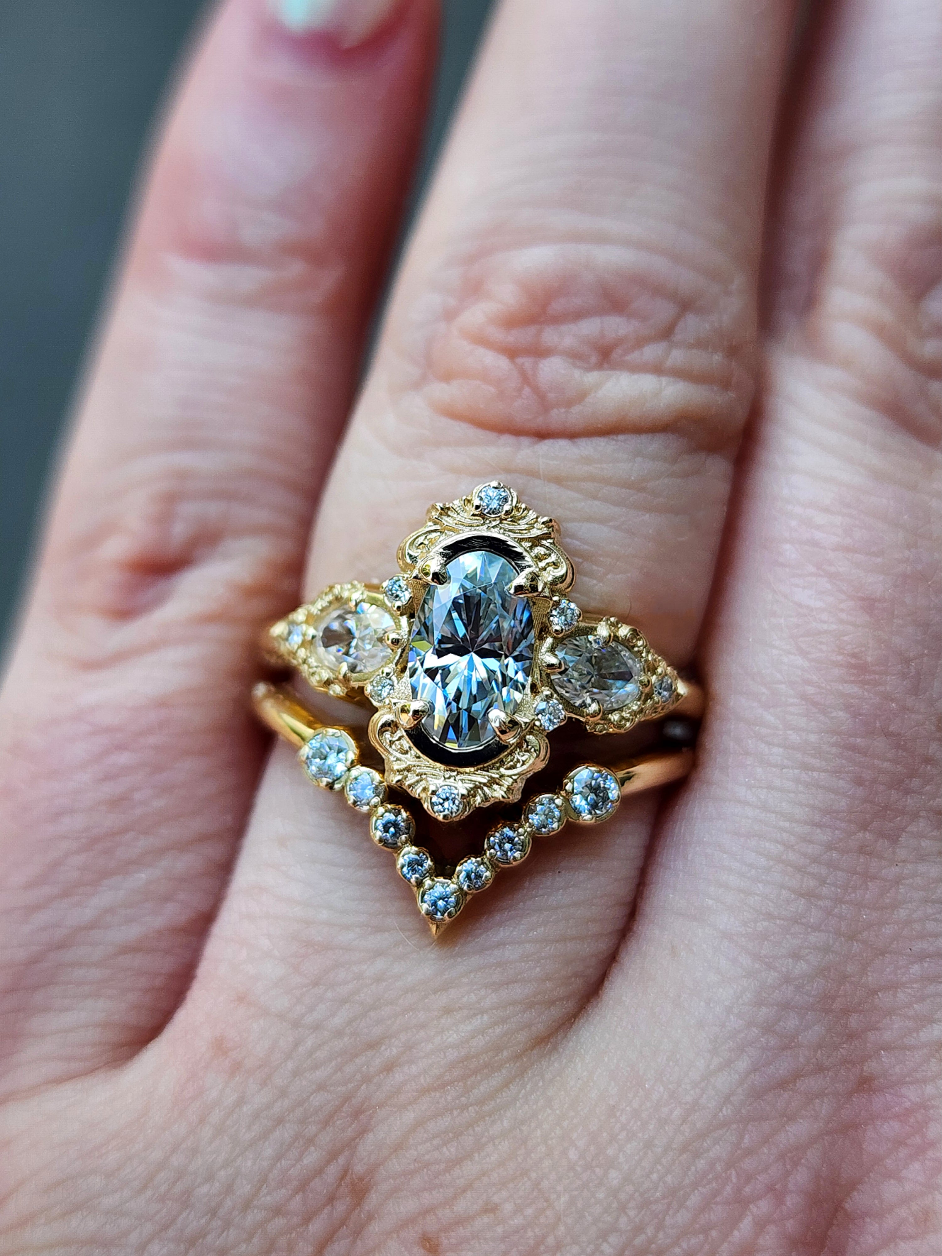 Josephine Oval Engagement Ring Set with Oval Side Stones & Gold Scrolls Diamond Chevron Wedding Band - 14k Gold Bridal Jewelry for Women - Perfect for Proposals, Weddings, and Anniversaries