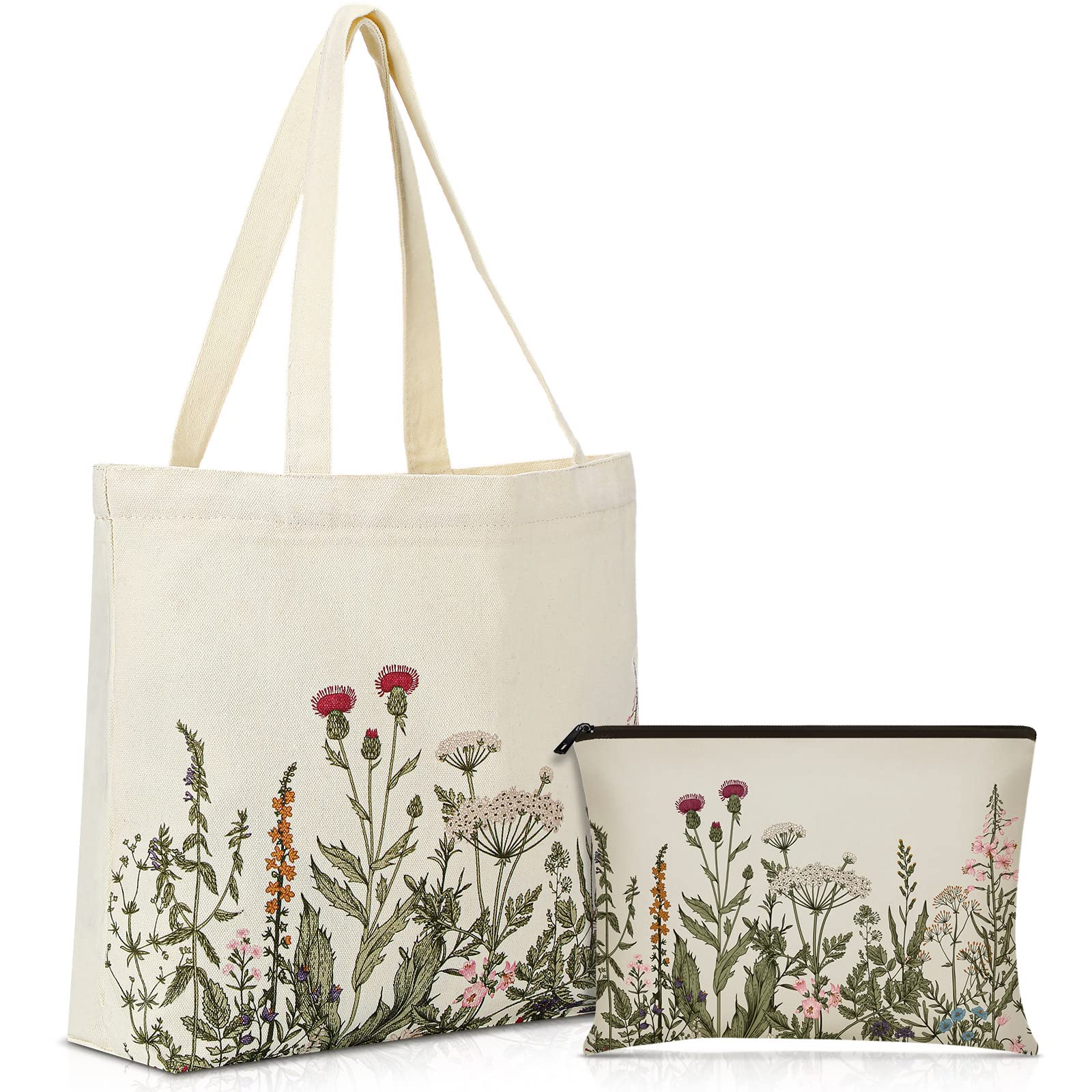 2 Pack Wildflower Canvas Tote Bags for Women - Cute Floral Makeup Bags, Teacher Student Gifts, Eco-Friendly Shopping & Gym Tote - Perfect for School, Work, Travel & Beach Day Essentials