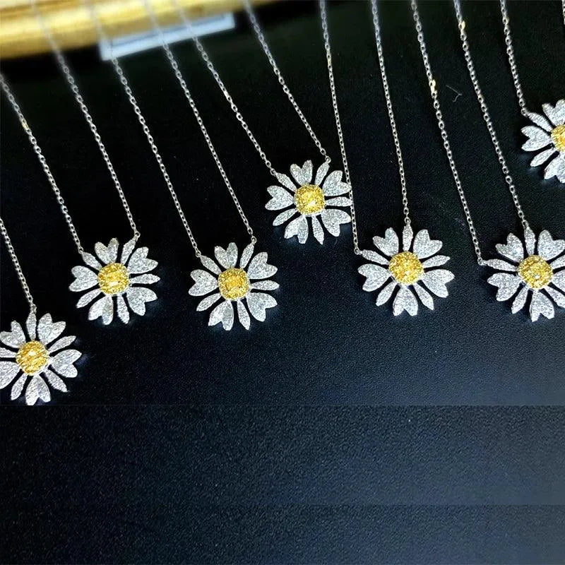 18K White Gold Necklace with Real Yellow Diamond Chrysanthemum Pendant for Women - Elegant Wedding Gift, Birthday Present & Anniversary Jewelry - Perfect for Special Occasions, Date Nights and Formal Events
