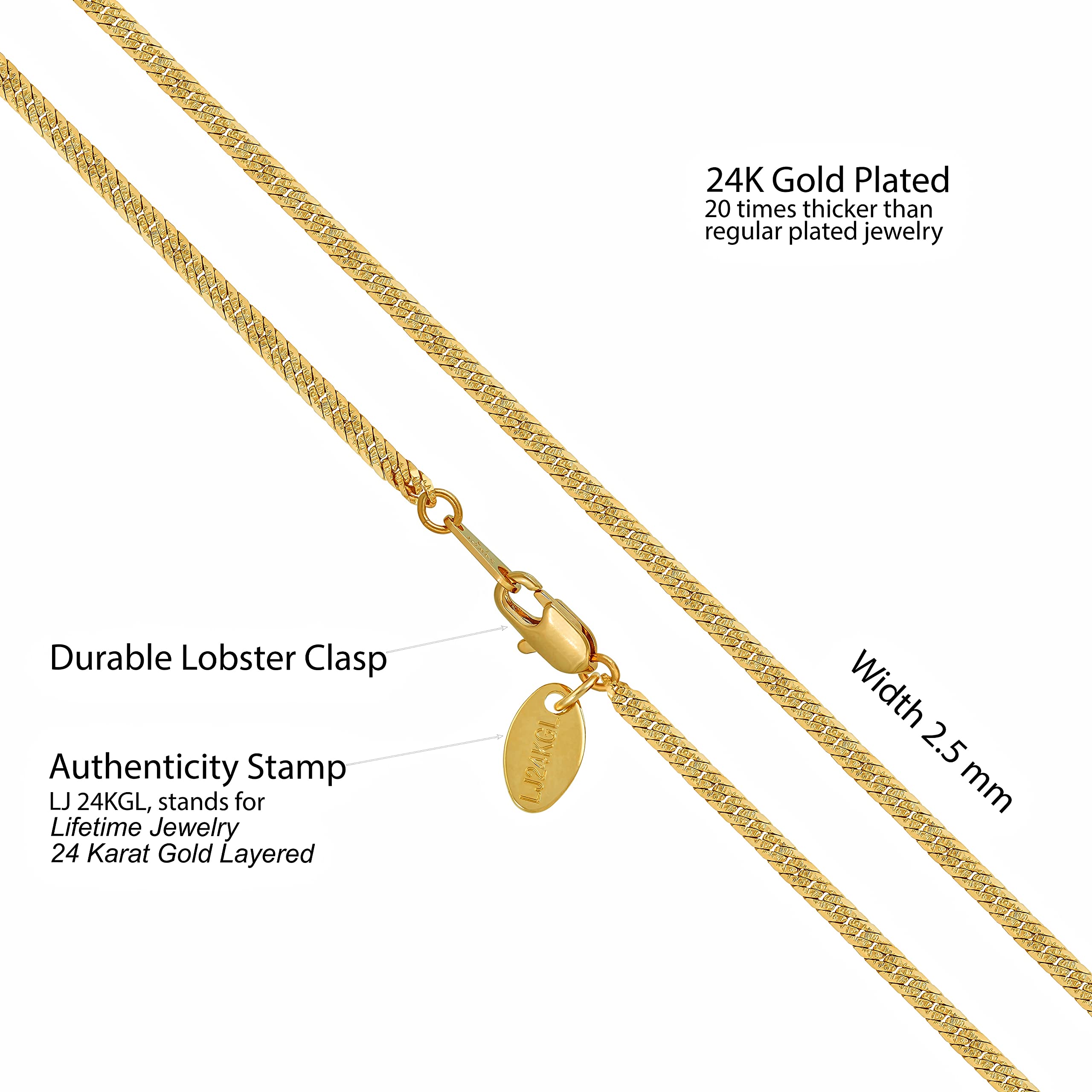 LIFETIME JEWELRY 24k Gold Plated Crushed Herringbone Chain Necklace for Women & Men - Perfect for Everyday Wear, Gifts & Special Occasions