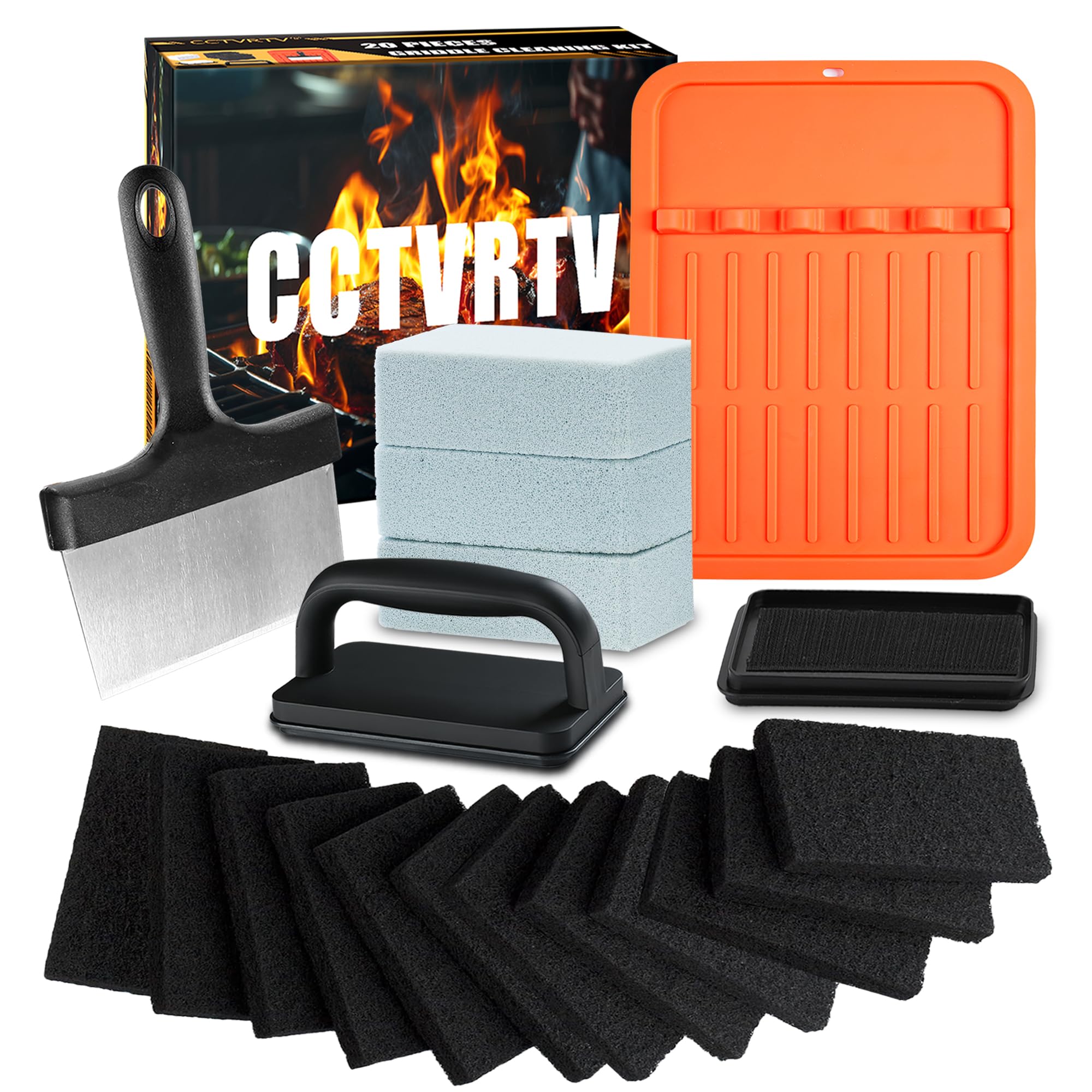 Upgraded 20-Piece Blackstone Griddle Cleaning Kit - Flat Top Grill Accessories Set with Scraper, Heat-Resistant Silicone Spatula Mat, Grill Stone & Brush - Perfect for Outdoor Cooking & Backyard BBQs
