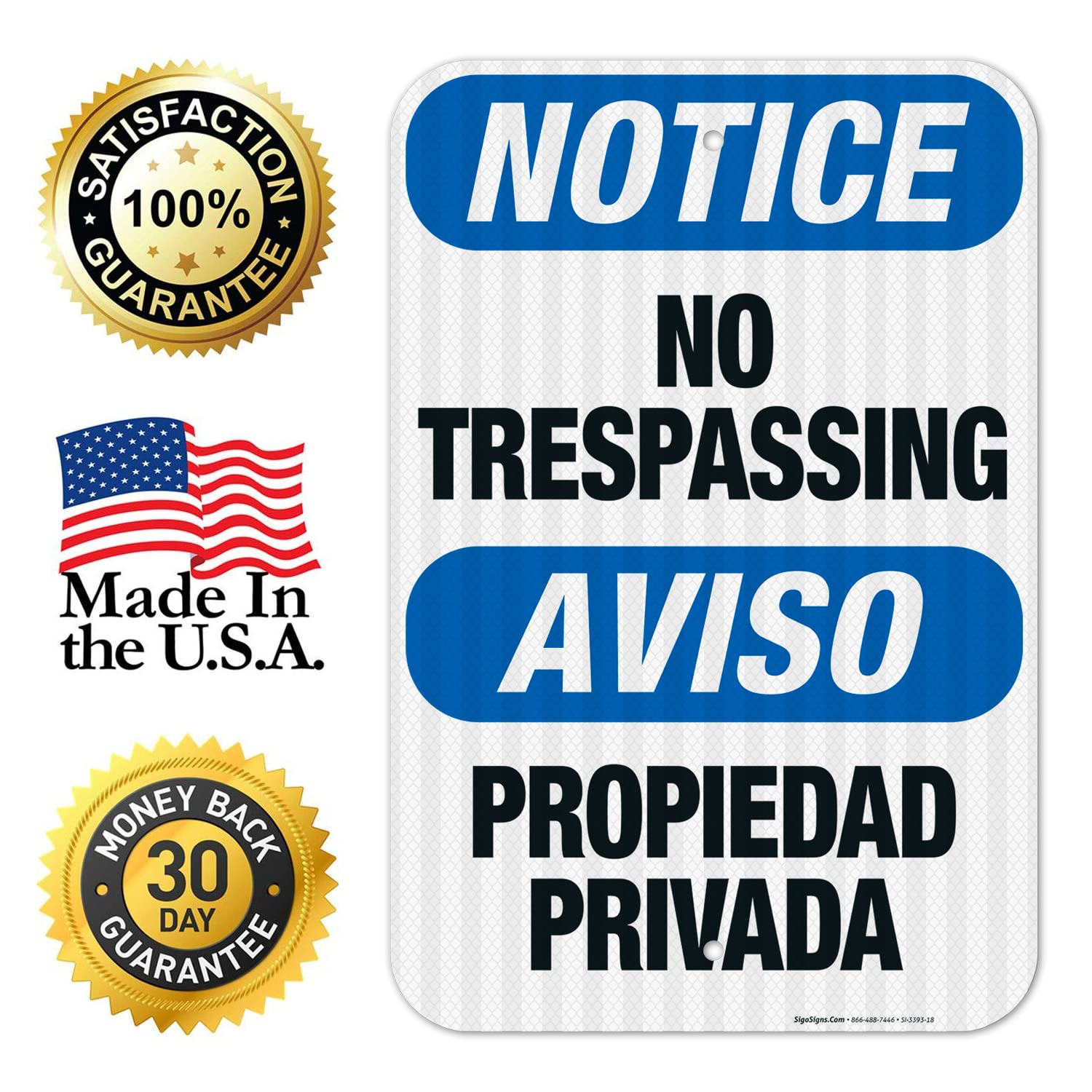 Bilingual No Trespassing Sign - OSHA Approved 12x18 Inch Aluminum Sign with 3M EGP Reflective Coating | Fade Resistant for Indoor & Outdoor Use | Made in USA | Perfect for Construction Sites, Warehouses & Private Property Security