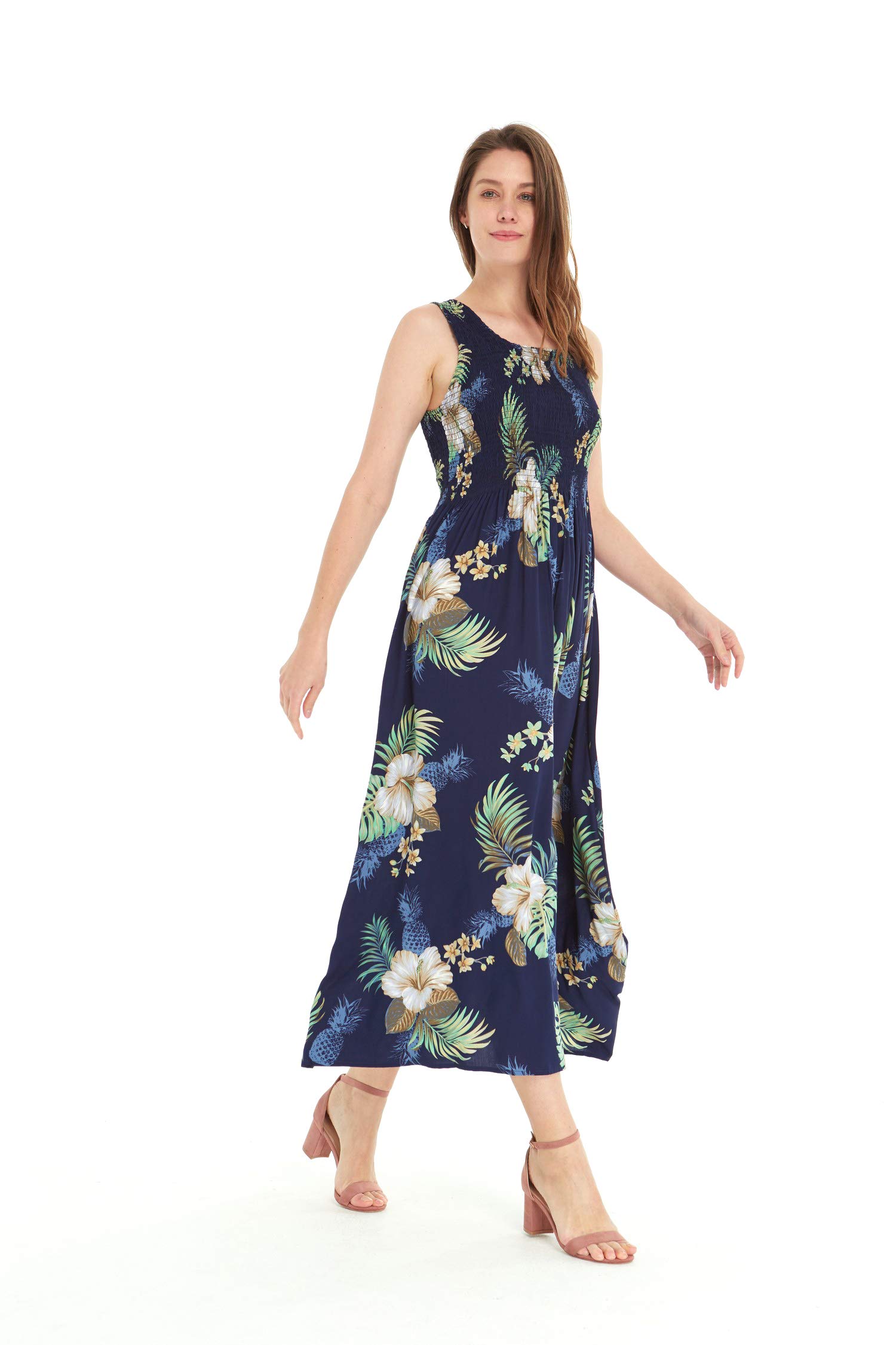 Hawaiian Maxi Dress for Women - Flowy Elastic Tank Luau Dress with Pineapple Print | Perfect for Beach Vacation, Summer Party & Tropical Garden Events