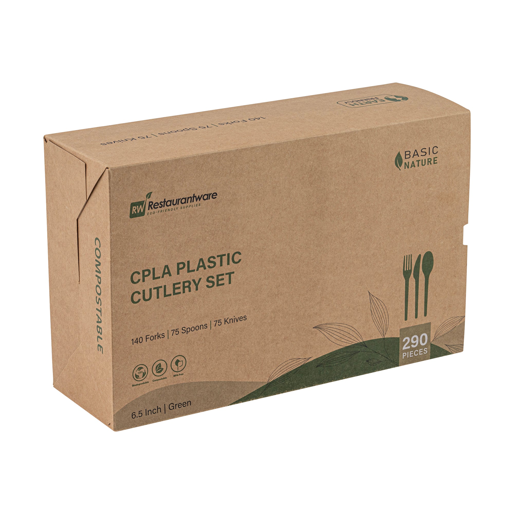 Eco-Friendly Green CPLA Plastic Cutlery Set - Heat Resistant, Compostable, 6.5 Inches, 290-Piece Bulk Box - Perfect for Parties, Picnics & Catering Events