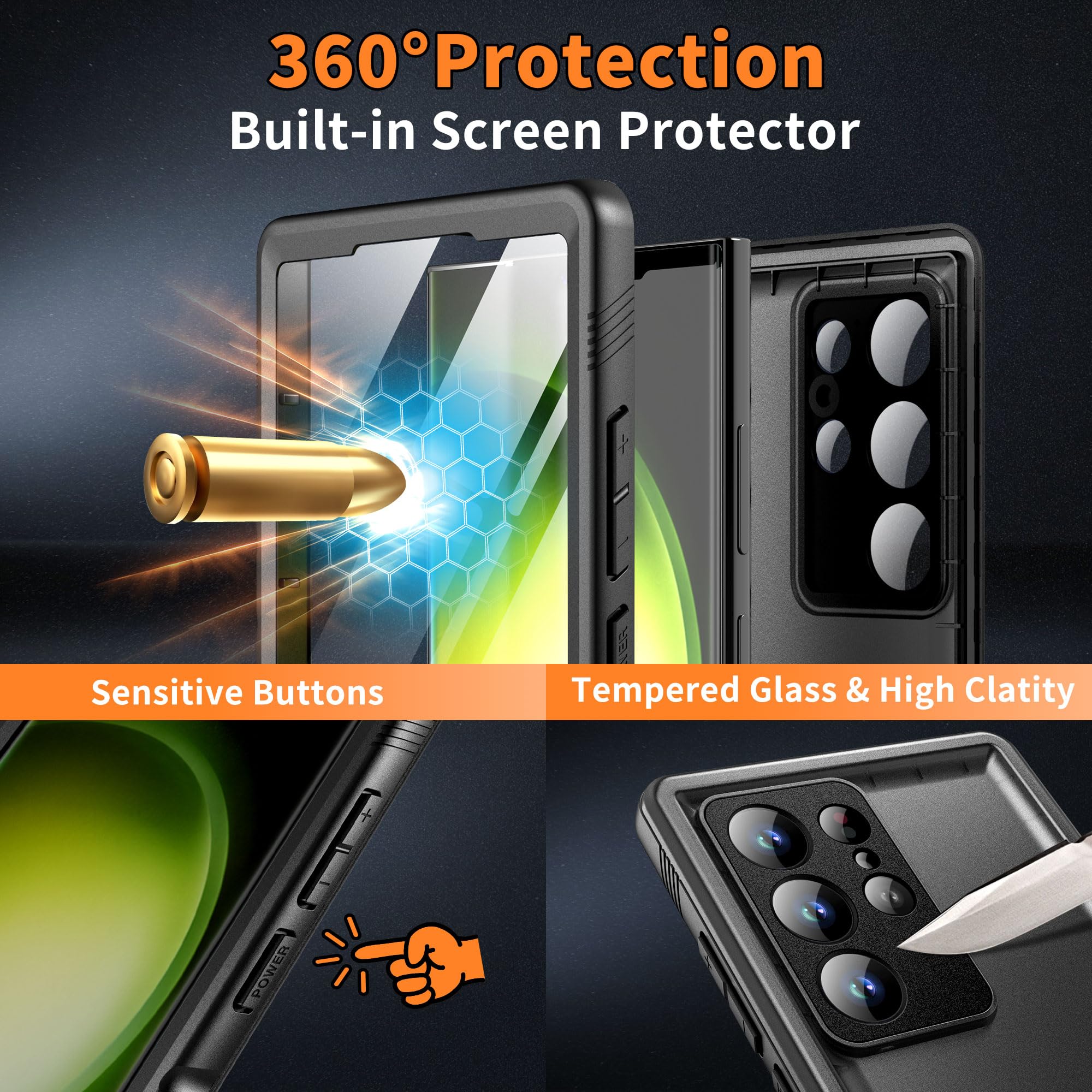 Samsung Galaxy S24 Ultra Waterproof Case - 360° Heavy Duty Shockproof Full Body Protection with Screen & Camera Protector | IP68 Dustproof Slim Design for Outdoor, Travel & Extreme Sports