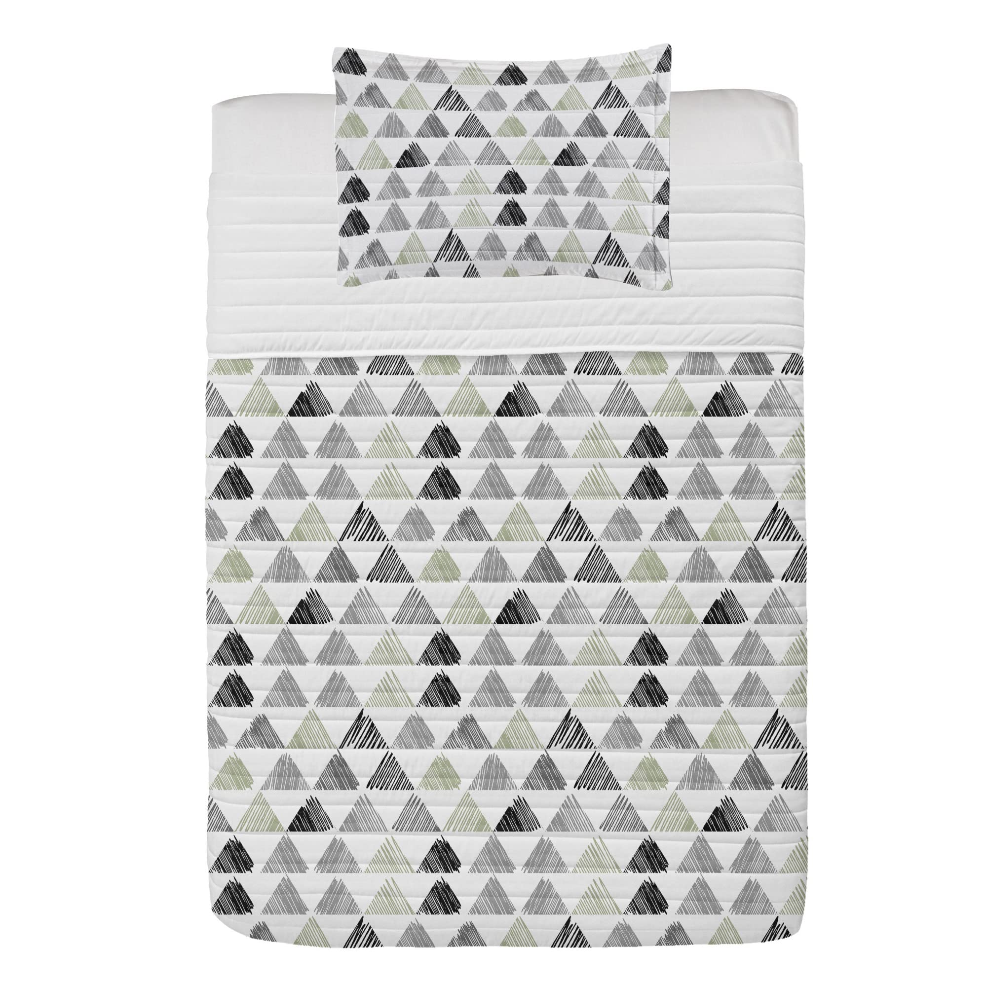 Ambesonne Geometric Microfiber Bedspread Set - Modern Abstract Triangle Design Twin Size Bedding with Pillow Sham & Comforter in Sage Green Grey White | Soft Microfiber for Cozy Bedroom Decor