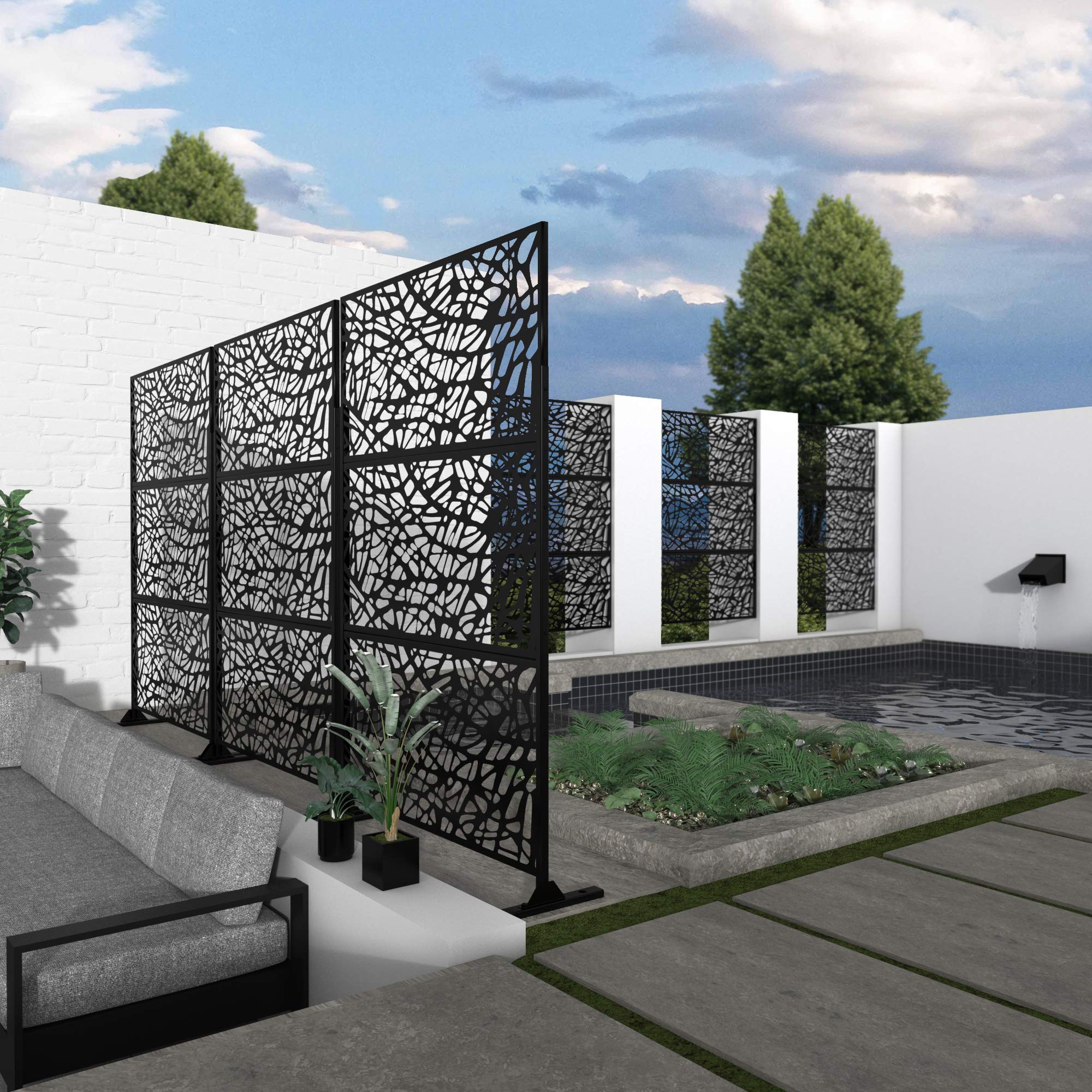 NeuType Black Metal Outdoor Privacy Screen Divider with Stand - Laser Cut Design for Patio, Garden, and Backyard Privacy