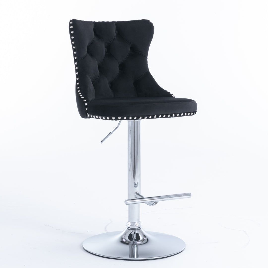 Adjustable Swivel Bar Stools with Footrest - 4 Pack Velvet Upholstered Bar Stools with Chrome Base & Studded Design for Kitchen Island, Home Bar & Dining Room
