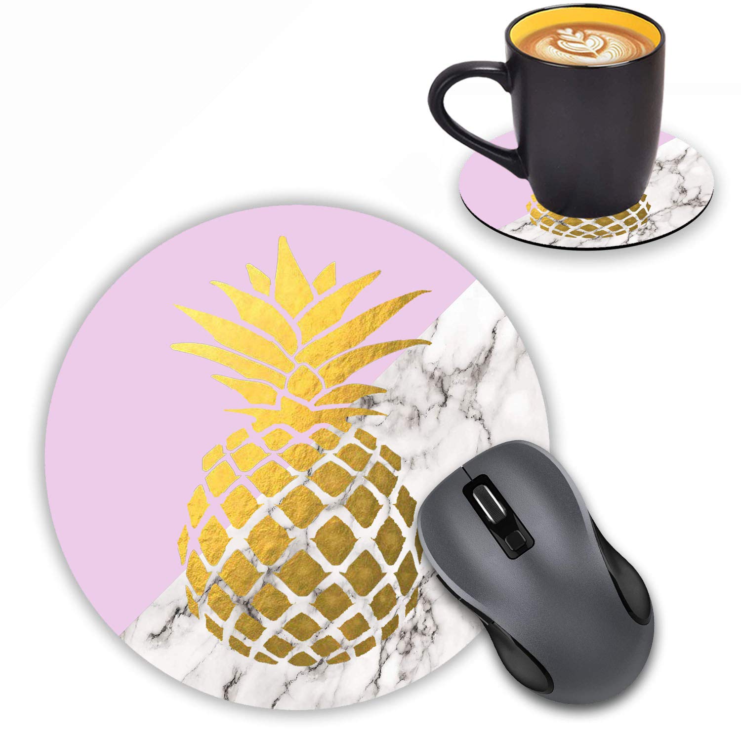 Pineapple Design Non-Slip Round Mouse Pad with Coasters Set - Rubber Computer Mousepad for Office & Home Desk Accessories - Perfect for Laptop, PC Workstations & Gaming Setup