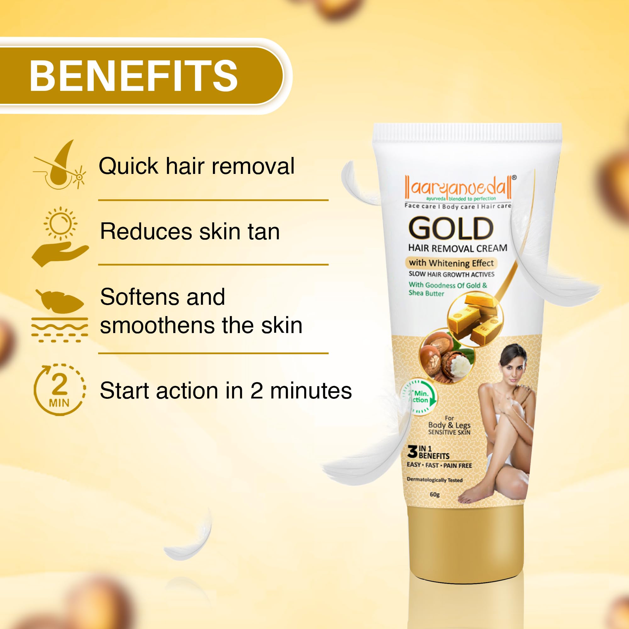 Aryanveda Papaya Gold & Diamond Hair Removal Cream - Whitening & Slow Hair Growth Formula - Pack of 3 (60g Each) | Smooth Skin for Bikini, Legs, Arms & Underarms
