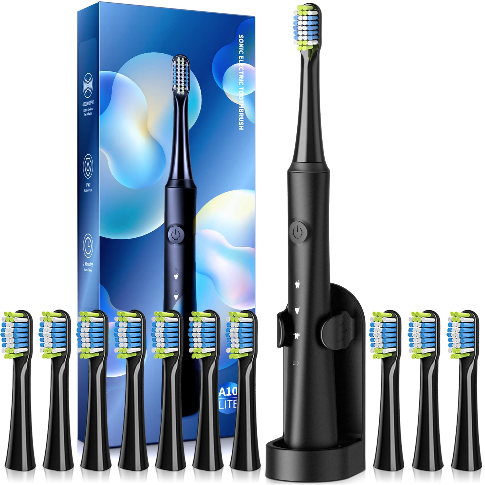 Rechargeable Electric Toothbrush for Adults with 10 Brush Heads & Holder - 40,000 VPM, 3 Cleaning Modes, Smart Timer - Fast 2 Hour Charge Lasts 35 Days - Perfect for Travel, Home & Daily Oral Care
