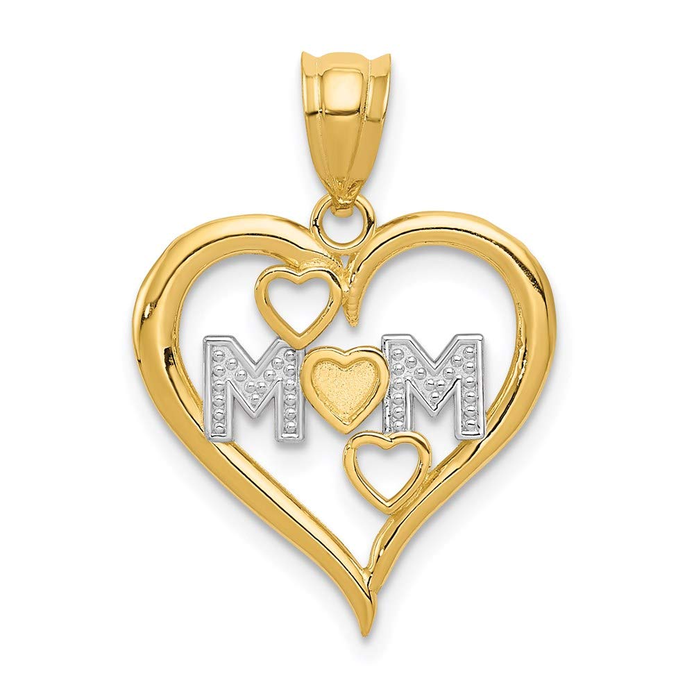 The Black Bow 14k Yellow Gold and White Rhodium Mom Heart Pendant, 16mm - Perfect for Mother's Day Gifts & Special Occasions