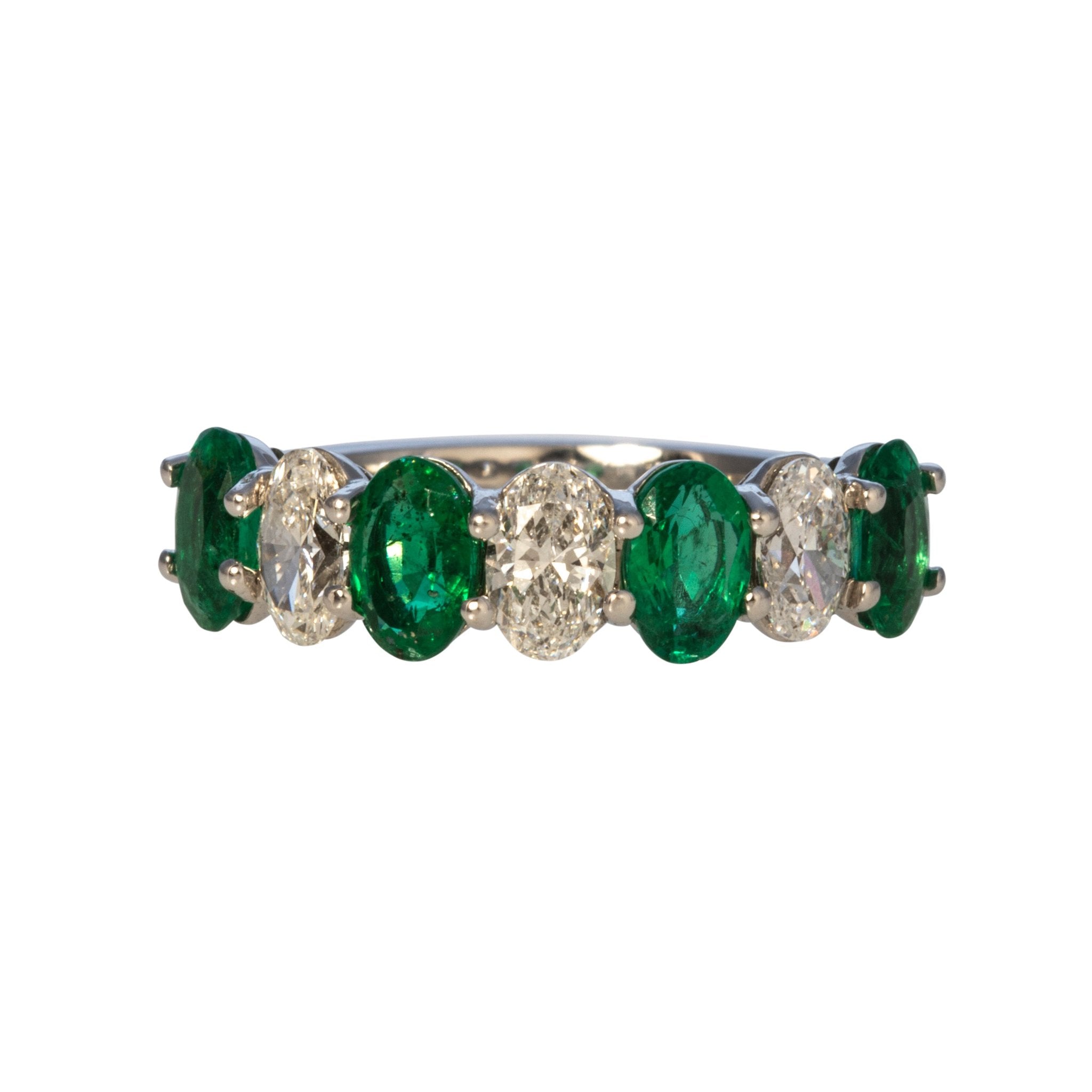 14K White Gold Oval Emerald & Diamond 7 Stone Ring for Women - Elegant Wedding, Engagement & Anniversary Jewelry Gift