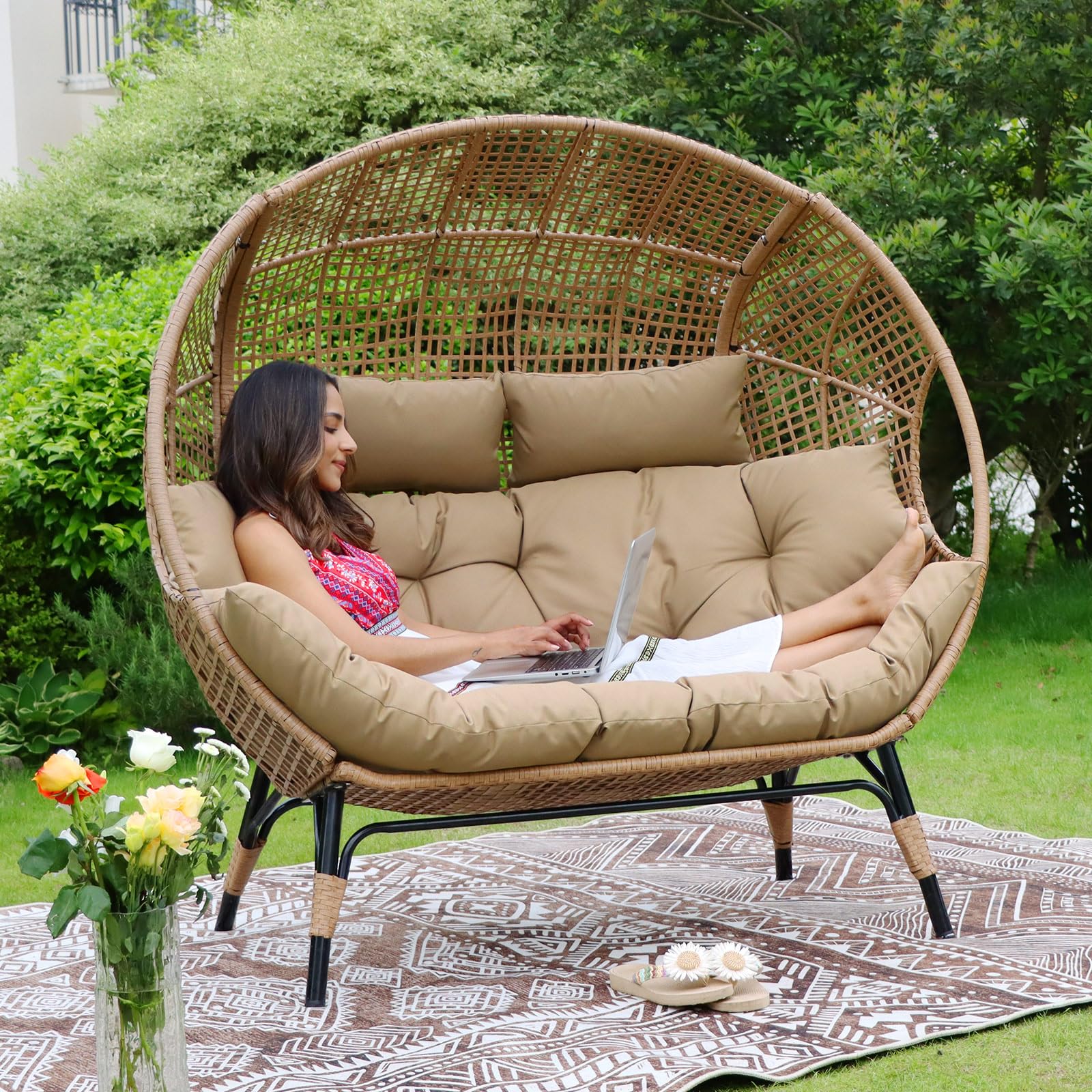 NICESOUL® Double Egg Chair - Oversized Thick Padded 2-Person Loveseat for Indoor/Outdoor Use, 680 lbs Capacity - Perfect for Patio, Balcony, Porch, Garden & Backyard Relaxation (Brown)