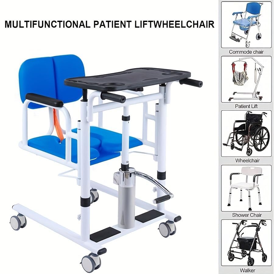 **Lightweight Folding Transfer Wheelchair & Adjustable Height Hydraulic Patient Lift Chair - Rolling Shower Chair for Elderly & Disabled - Home Mobility Aid (Blue) | Ideal for Bathroom, Bedroom & Indoor Use**