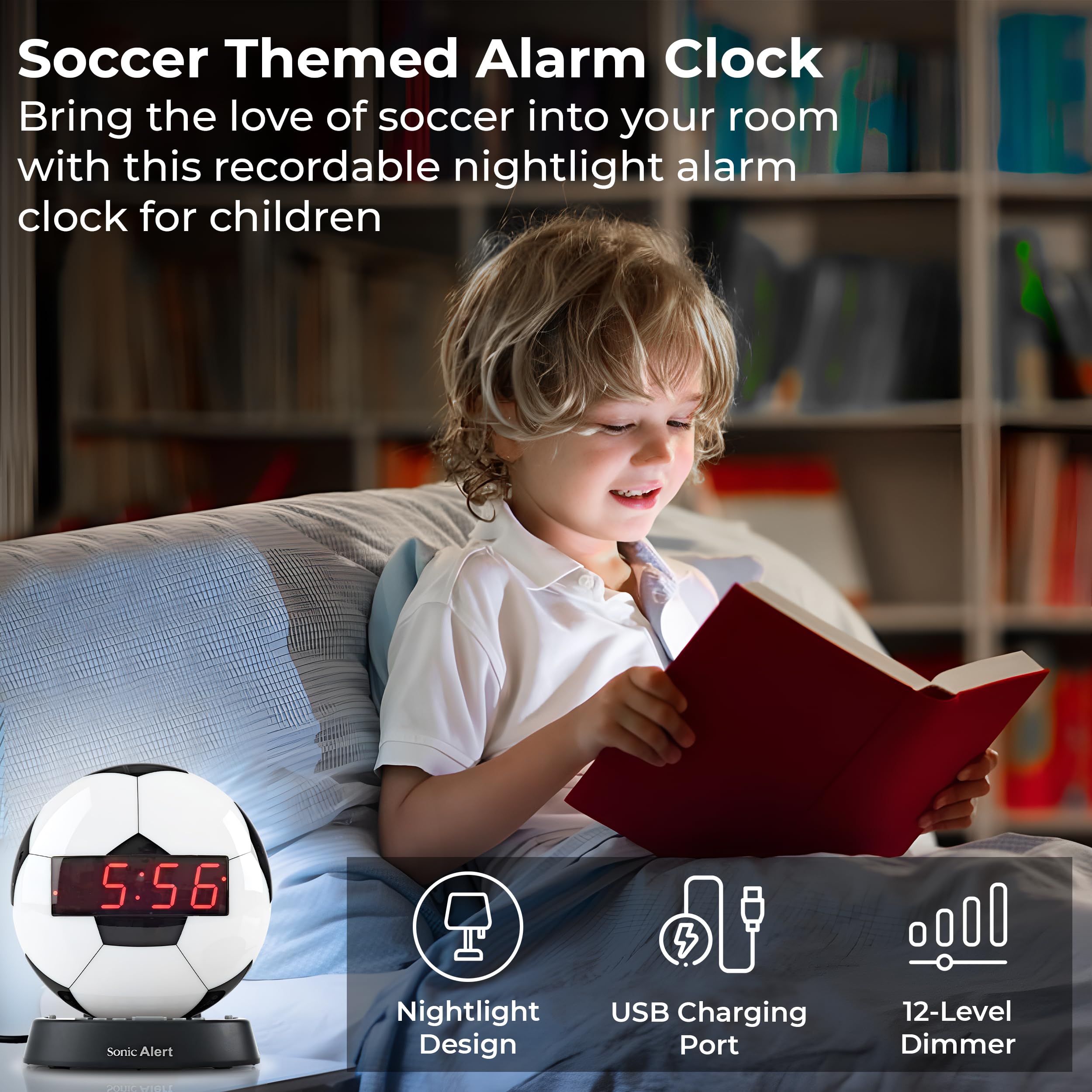 Sonic Alert Glow Night Light Soccer Ball Alarm Clock - Loud & Compact Digital Alarm Clock for Bedroom with Battery Backup & Dimmer - Easy to Set Alarm Clock for Kids & Adults - Perfect for Nightstands, Dorms, Travel & Gift Giving