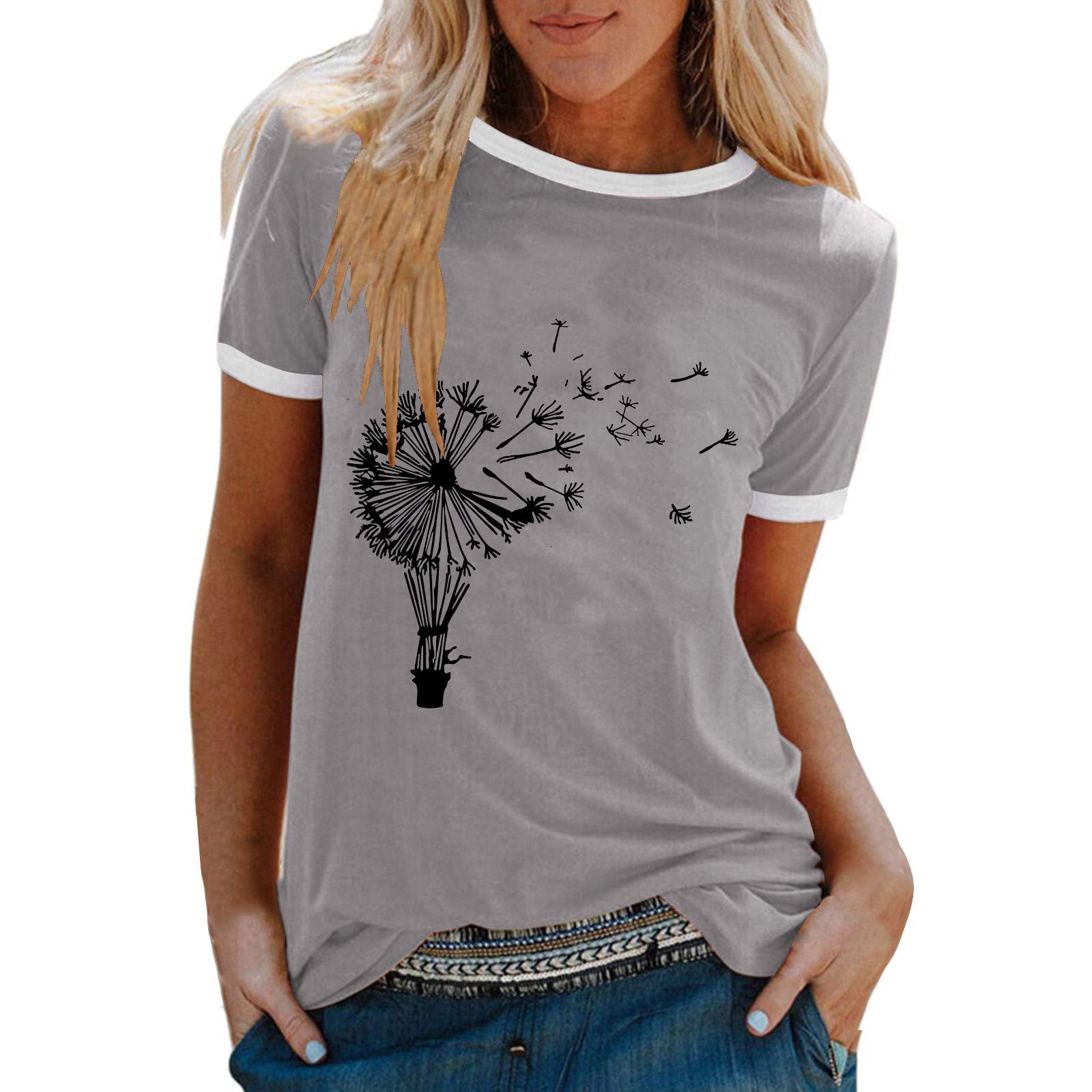 Women's Oversized Dandelion Print Crew Neck T-Shirt - Soft Summer Blouse & Cute Casual Top for Everyday Wear, Outings, and Relaxation