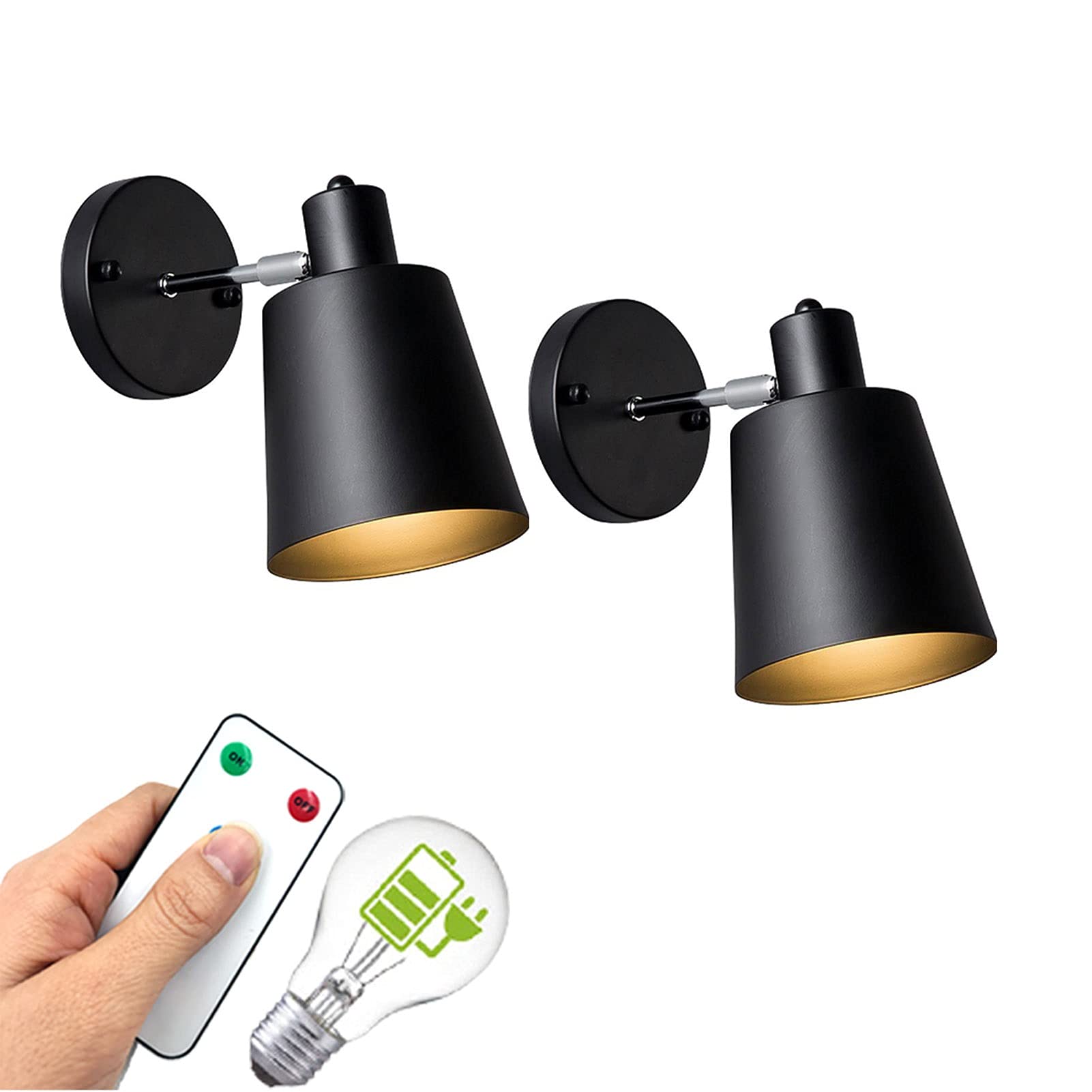 Set of 2 Wireless Battery Operated Wall Sconces - 400 Lumens Rechargeable Swing Arm Sconce with Remote Control Light Bulbs for Modern Home Decor, Bedroom, Living Room, Hallway (Black, 3 Bulbs)