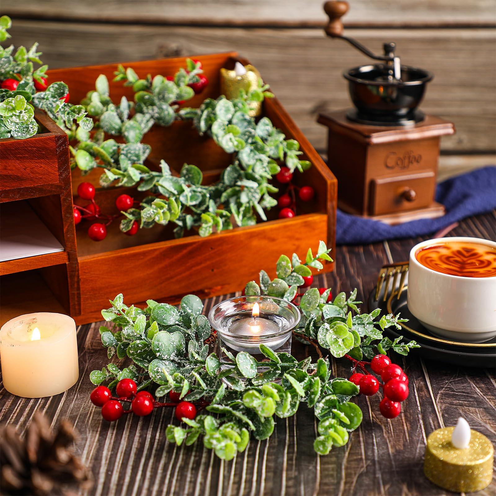 Christmas Candle Rings Wreaths - 8 Pack Holiday Decor for Kitchen Cabinets, Tables, Windows & Walls - Xmas Wreath Centerpieces for Pillar Candles, Chairs & Festive Home Decor