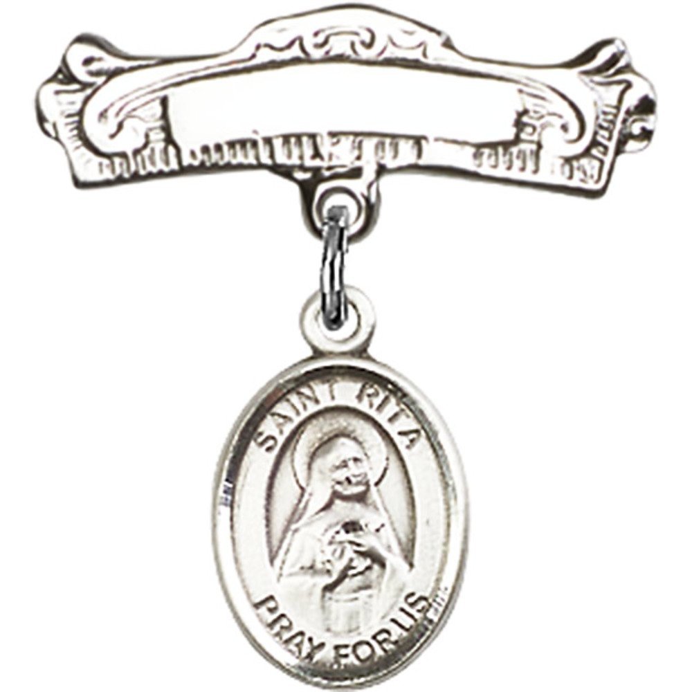 Sterling Silver Baby Badge with St. Rita of Cascia Charm - 7/8 X 7/8 Inch Arched Polished Pin - Perfect for Christening Gifts, Baptism Keepsakes & First Communion Jewelry