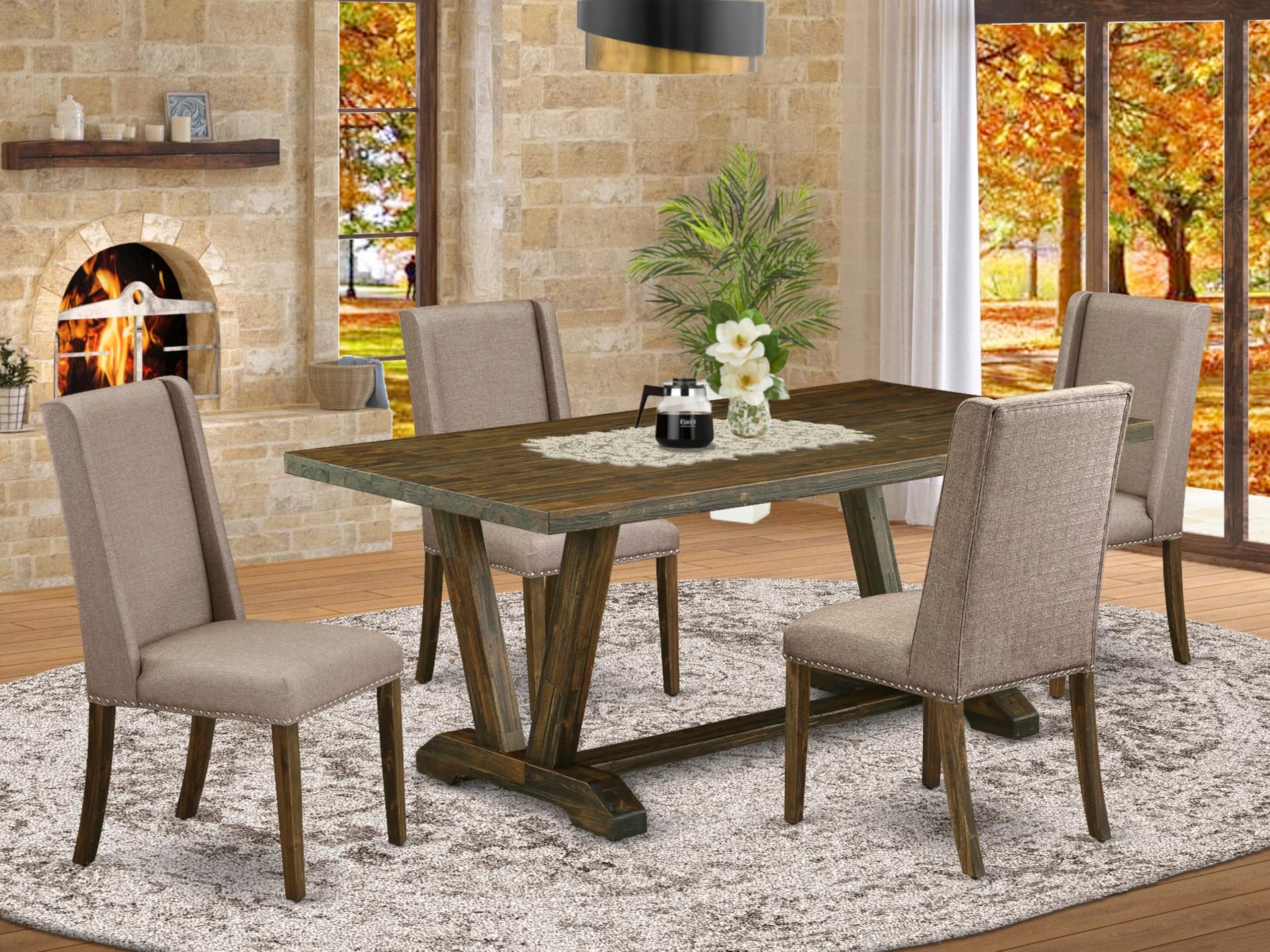 East West Furniture 5-Piece Dining Table Set for 4 - 40x72 Inch Rectangle Kitchen Table with V-Legs & 4 Dark Khaki Linen Upholstered Chairs, Multi-Color - Perfect for Small Space Dining Rooms, Breakfast Nooks, and Apartment Kitchens