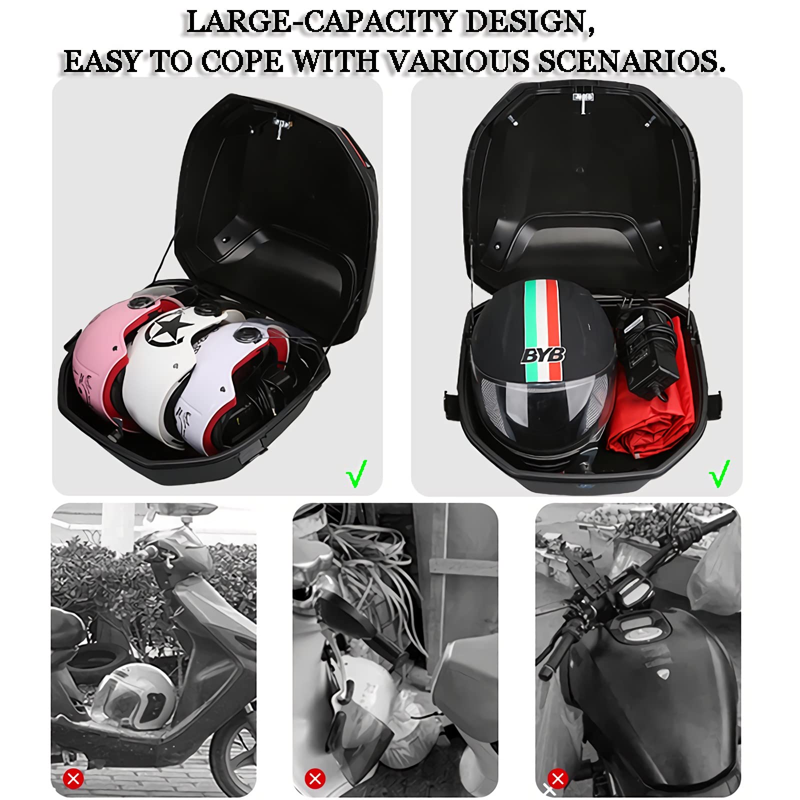 Universal Waterproof Motorcycle Trunk Top Box with LED Lights & Lock - 11x15x15 Inch Scooter Tail Storage Box for Moped, Backrest Support - Perfect for Commuting, Travel & Daily Storage
