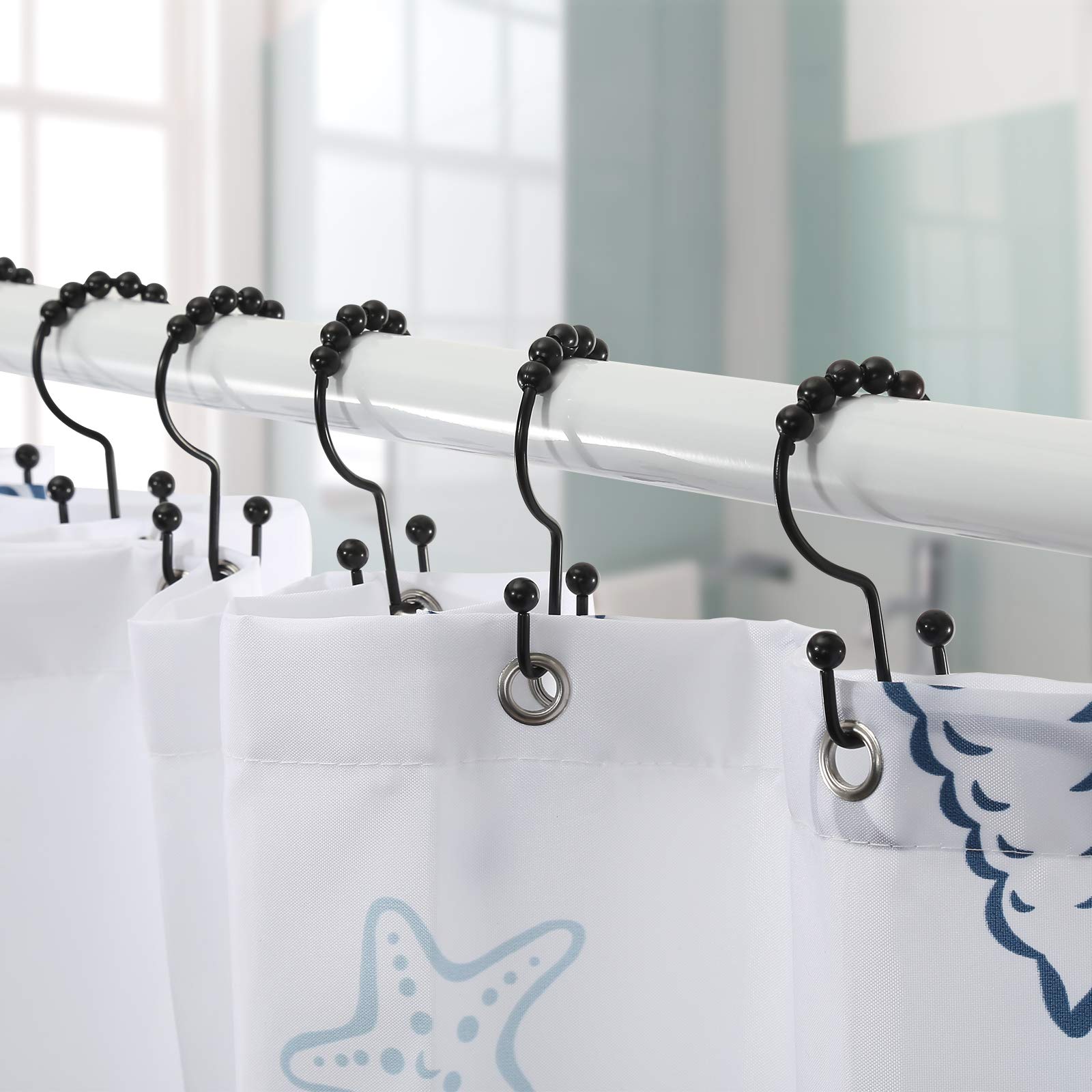 Goowin Stainless Steel Black Shower Curtain Hooks - Rust Proof Double Shower Rings with Free Sliding for Shower Curtain & Liners - Perfect for Bathroom, Hotel, and Home Decor (Black)