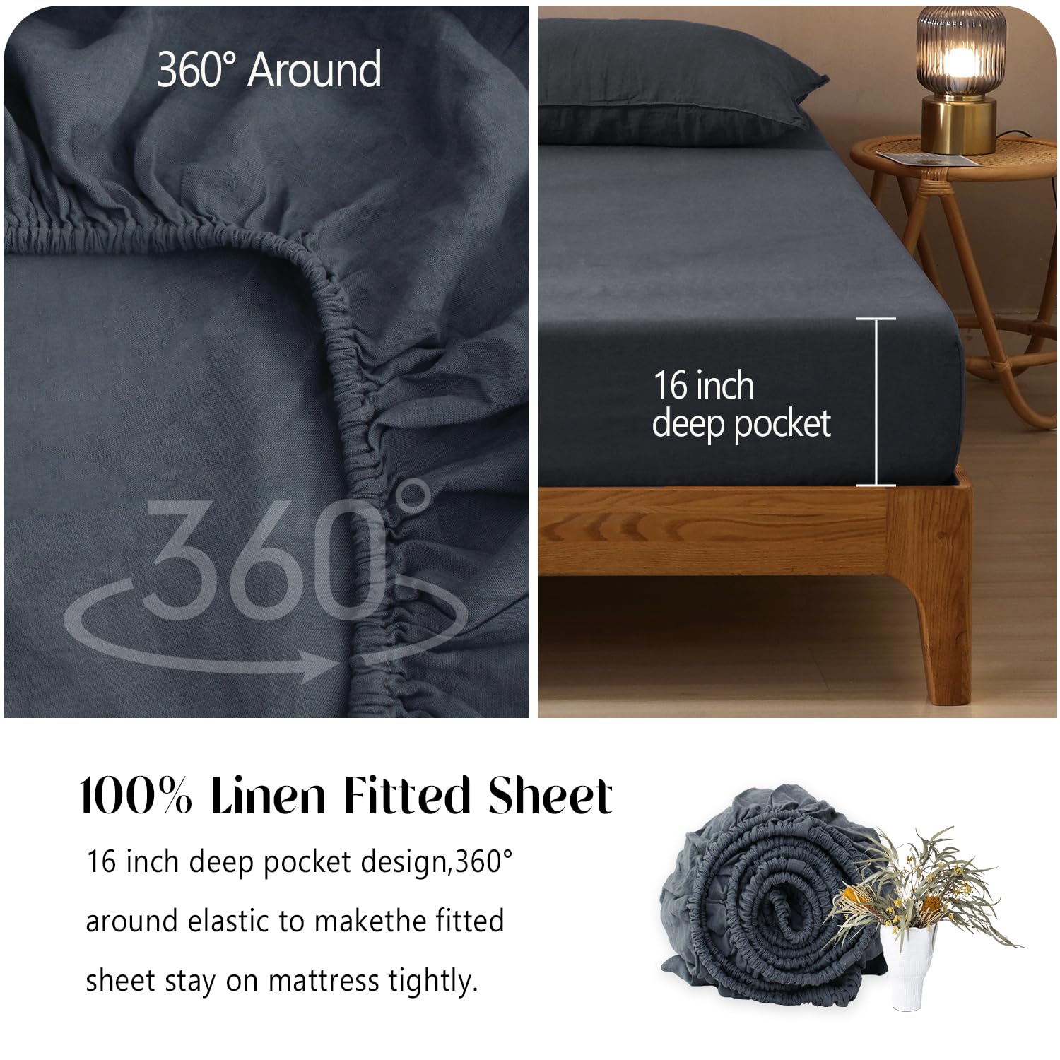 Premium 100% Organic French Flax Linen Sheet Set Queen Size - Stone Washed Ultra Soft 4-Piece Bedding in Silver Grey | Eco-Friendly Breathable Bed Sheets for All-Season Comfort | Perfect for Master Bedroom, Guest Room & Vacation Homes