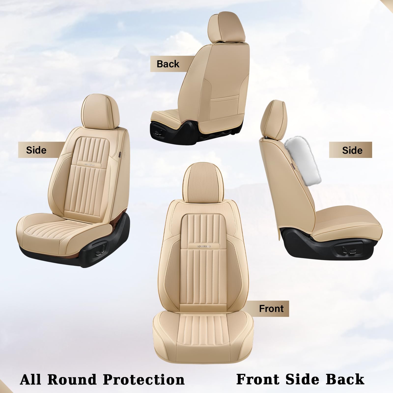 Premium Nappa Leather Car Seat Covers - Waterproof Front & Back Seat Protectors for Cars & Trucks (5-Seat Set, Beige) | Universal Fit for Most Vehicles | Perfect for Daily Commute, Road Trips & Pet Protection