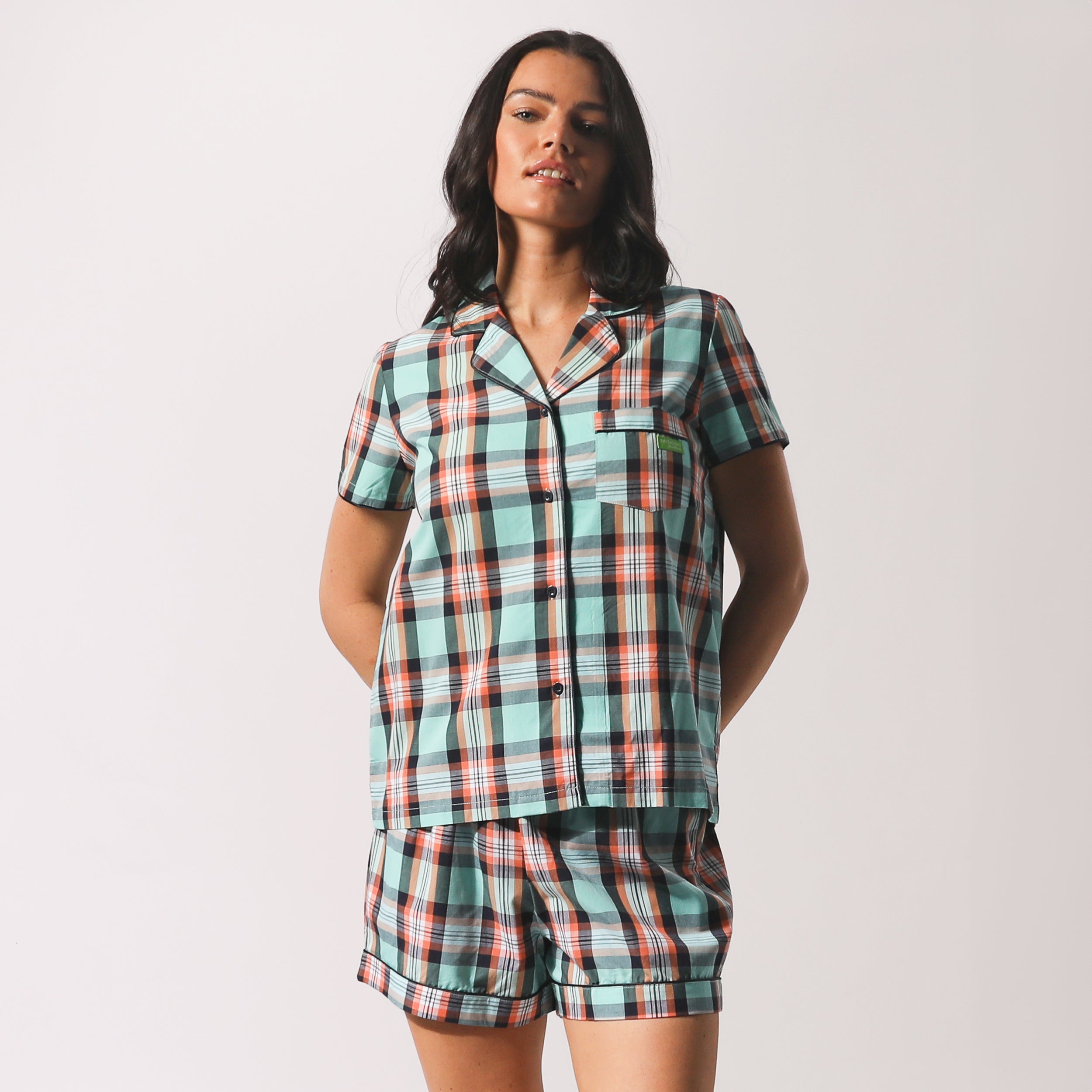 Women's Sky Blue Beachy Check Woven Shortie Pajama Set - Soft & Comfortable Sleepwear for Summer Nights, Lounging & Vacation