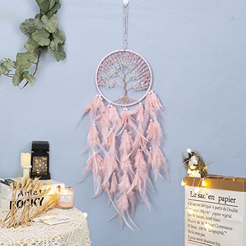 Handmade Tree of Life Dream Catcher with Healing Crystals & Feathers - Pink Bohemian Wall Hanging Decor for Bedroom, Living Room, Wedding (25.6 Inch) | Spiritual Home Decor, Housewarming Gift & Meditation Space Accent
