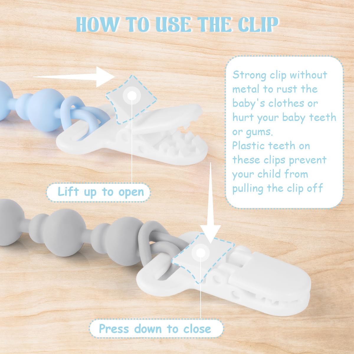 BEBOAN 2 Pack BPA Free Silicone Pacifier Clips for Babies - Soft Teething Necklace with Secure Clasp, Blue & Grey | Perfect for Soothing Teething Pain & Keeping Pacifiers Handy