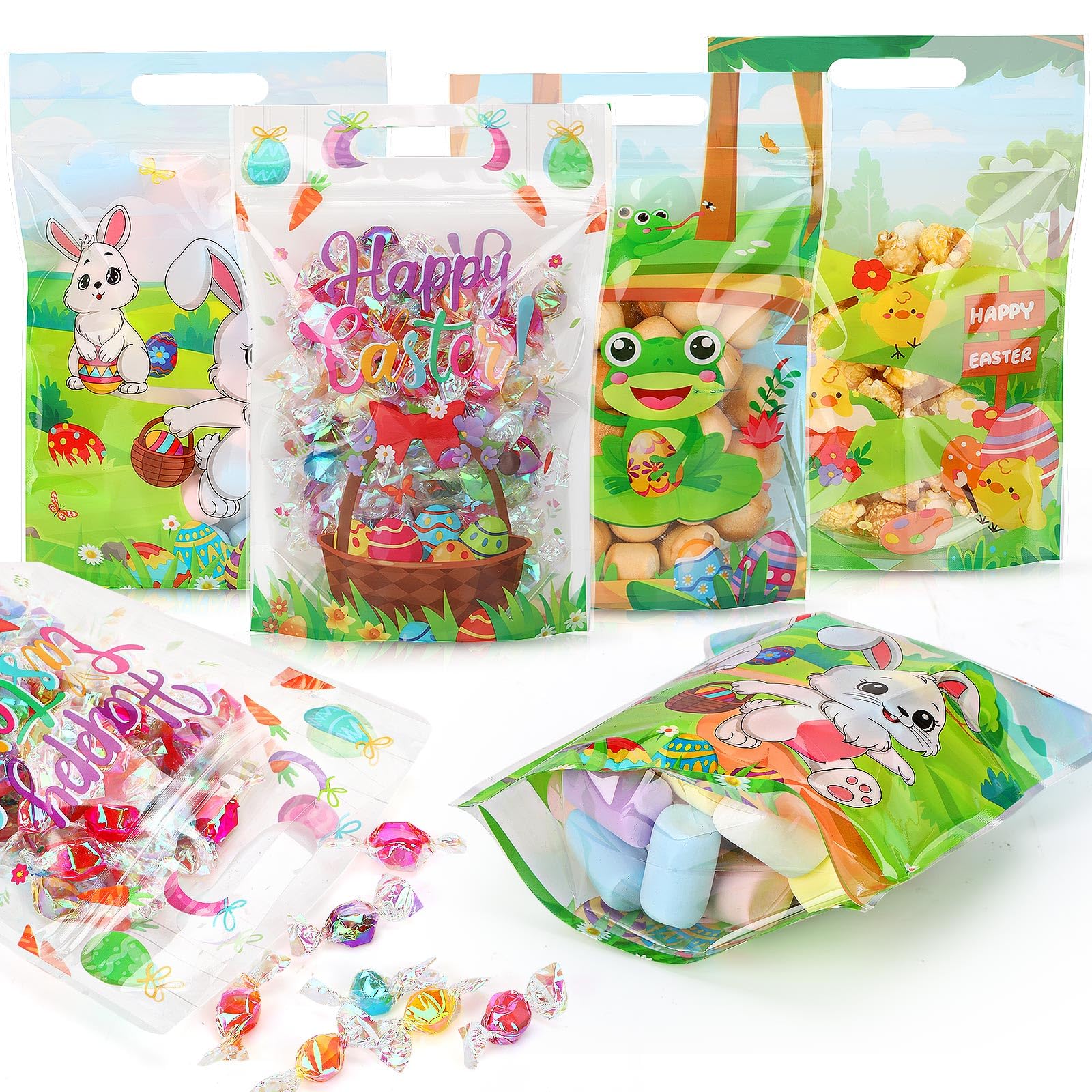 60 Pcs Easter Gift Bags - Plastic Tote Bags with Handles for Easter Eggs, Bunny Candy & Party Favors - Spring Easter Frog Chick Goodie Bags for Easter Egg Hunt, School Events & Spring Celebrations