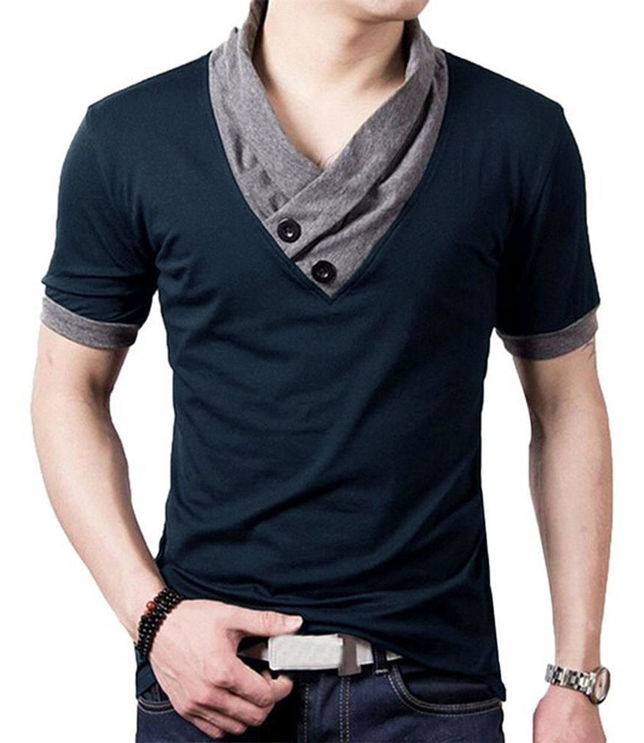 YTD Men's Cotton Casual V-Neck Button Slim Fit Muscle Tee - Short Sleeve T-Shirt for Gym, Workout & Everyday Wear | Breathable Comfort Fit