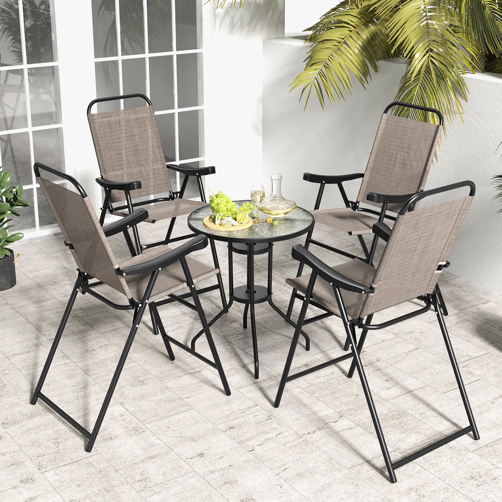 COSTWAY 4-Piece Patio Folding Bar Chair Set - Metal Frame High Top Outdoor Bar Stools with Footrest - Weather-Resistant for Balcony, Garden, Poolside & Coffee Shop Use