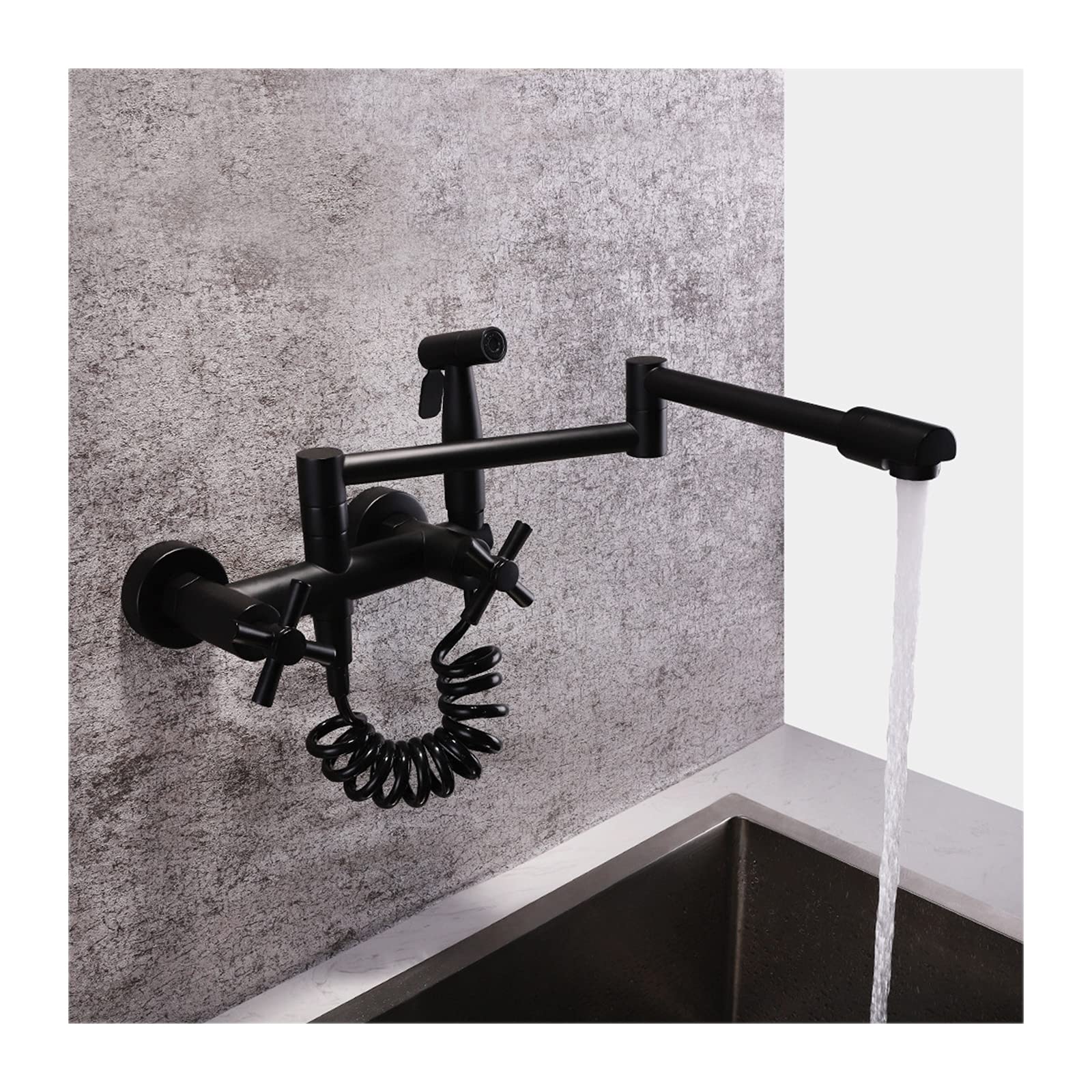 Commercial Wall Mount Pot Filler Faucet - Hot & Cold Water Brass Kitchen Sink Faucet with 2 Functions, Folding Stretchable Double Joint Swing Arms in Matte Black - Perfect for Restaurant Kitchens & High-End Home Cooking