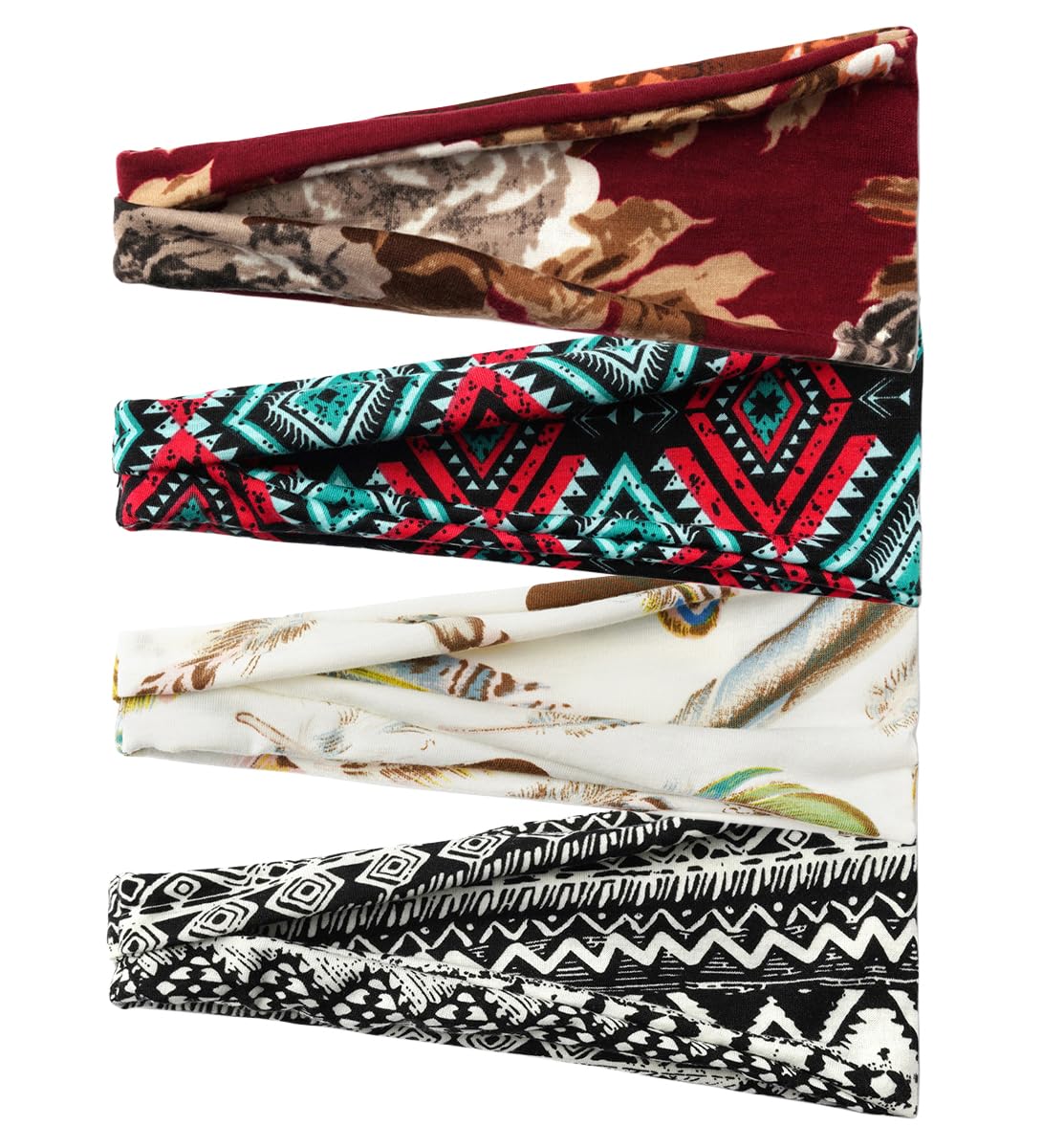 4 Pack Stretchy Soft Boho Headbands for Women - Floral Yoga Sports Hair Accessories - Fashionable Head Wraps for Ladies - Perfect for Workouts, Yoga, Running & Everyday Wear