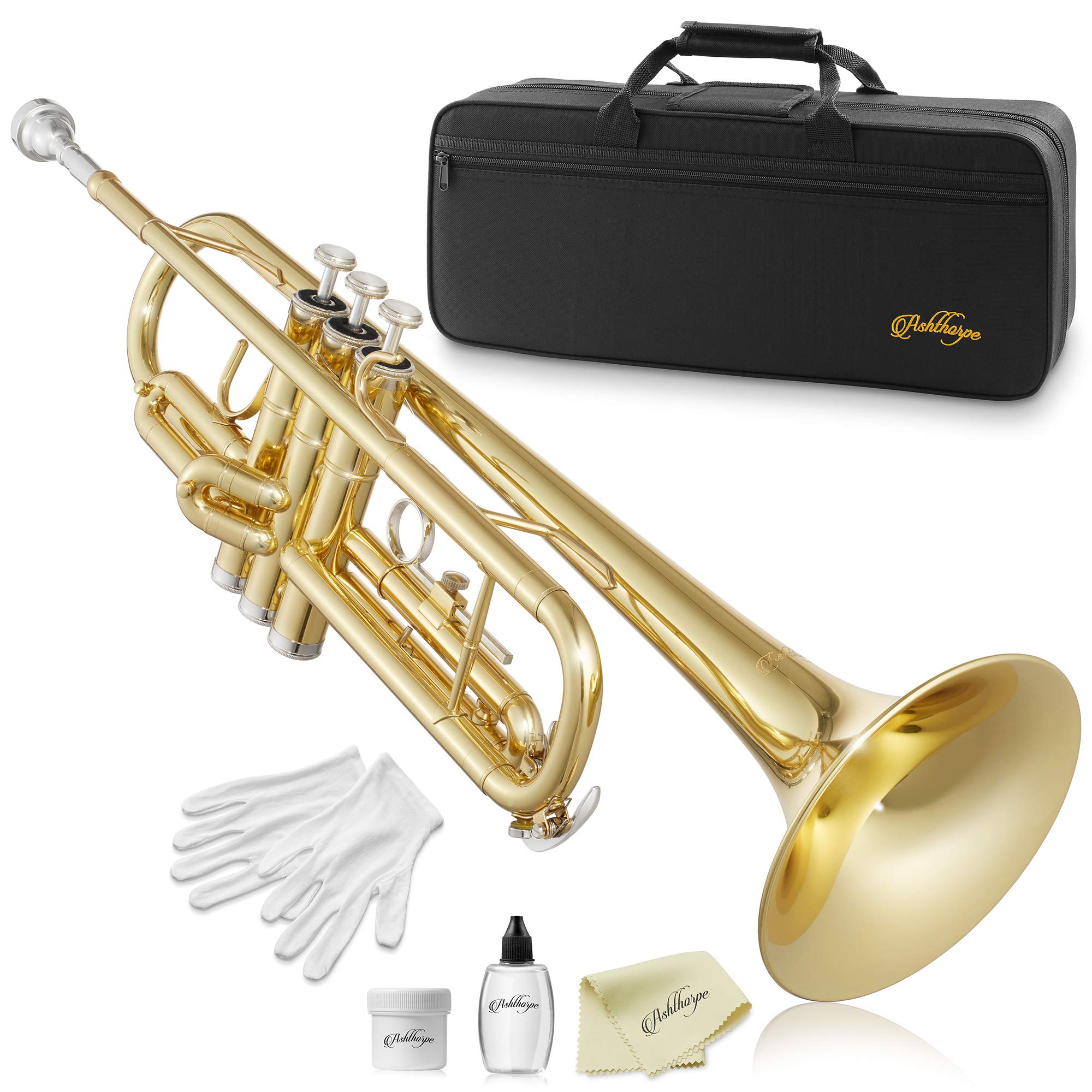 Ashthorpe Professional Bb Trumpet with Gold Brass Finish - Full Kit with Case, Mouthpiece, Gloves, Cleaning Cloth & Valve Oil - Perfect for Beginners, Students & Band Performances